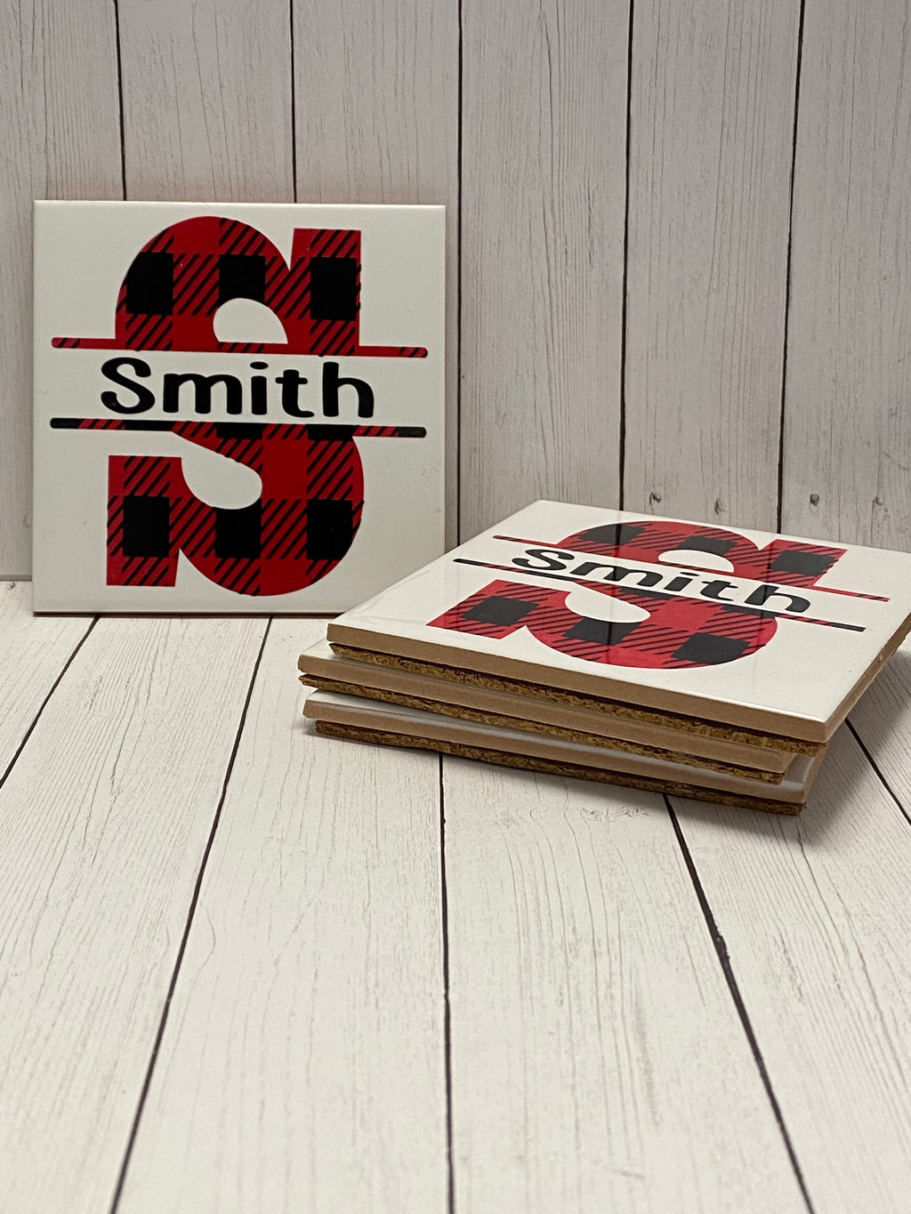 Personalized Split Monogram - Buffalo Plaid - Set of 4 - Tile Coasters - Gift Present for Wedding