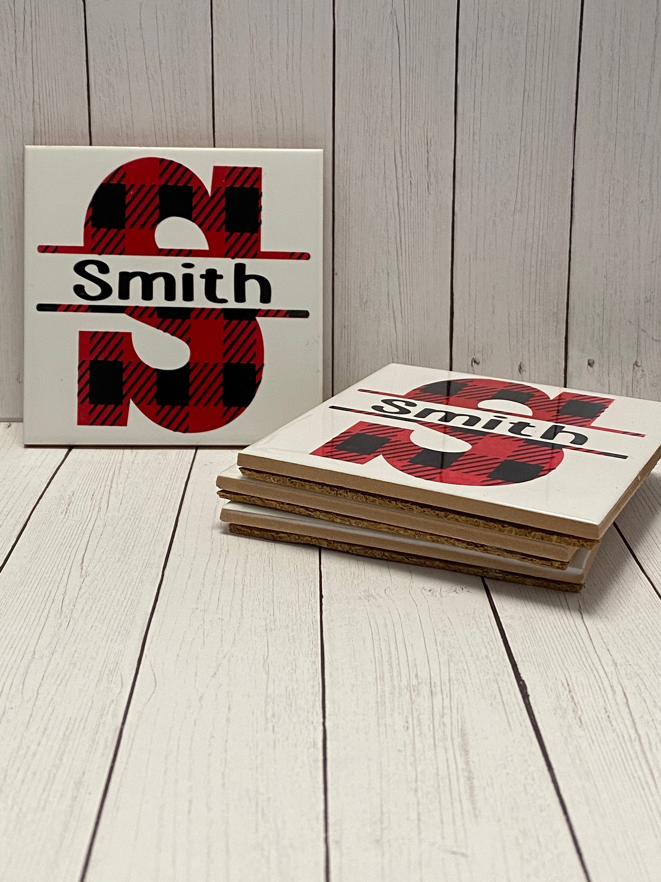 Personalized Split Monogram - Buffalo Plaid - Set of 4 - Tile Coasters - Gift Present for Wedding