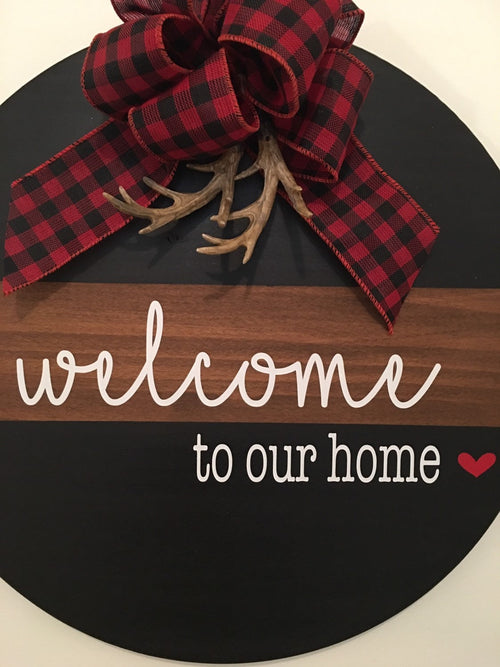 18" Round | Split Brown / Black | Welcome To Our Home | Door Sign / Wreath