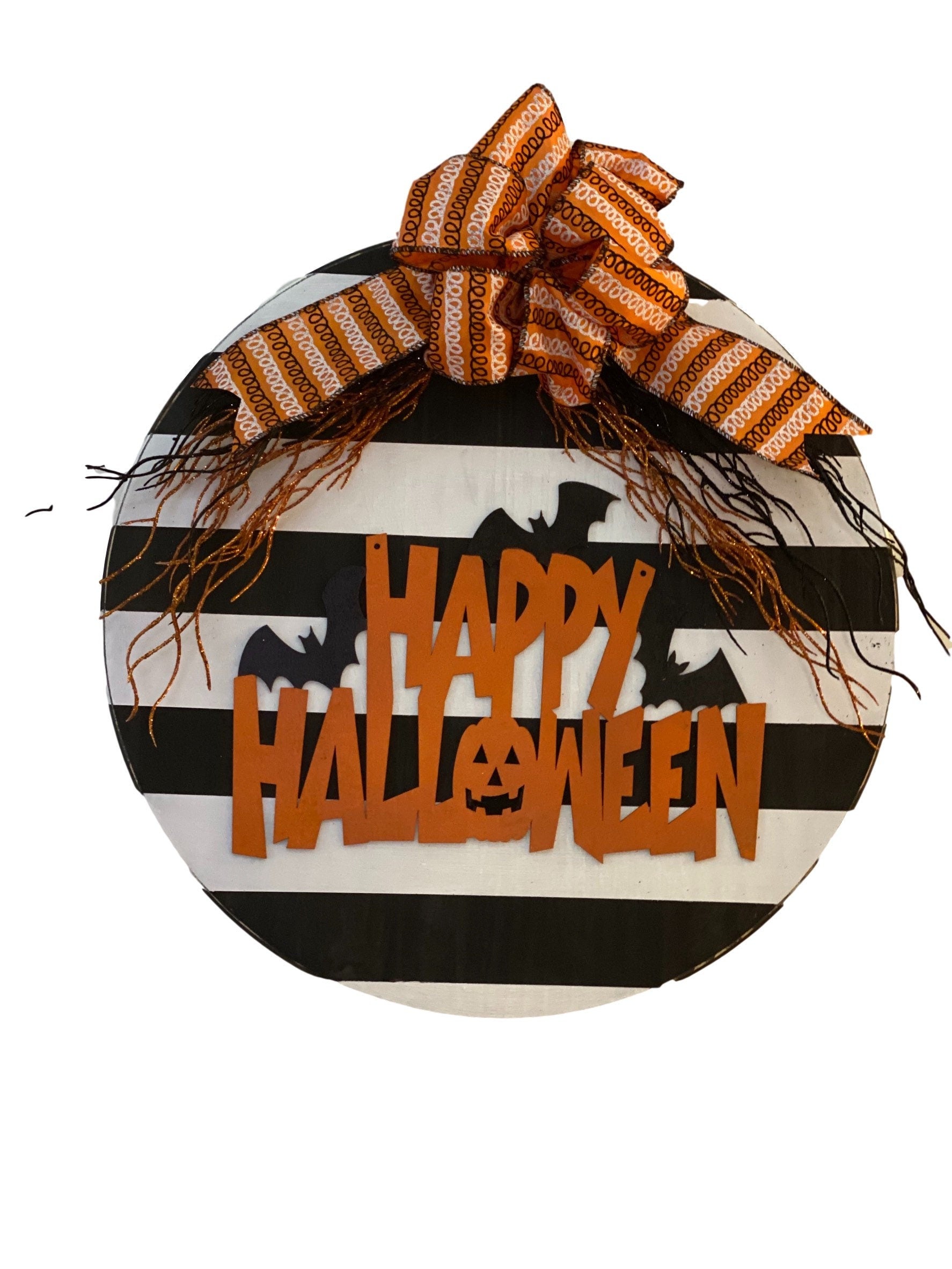 Happy Halloween - Large Striped - Wooden Door - Sign / Wreath