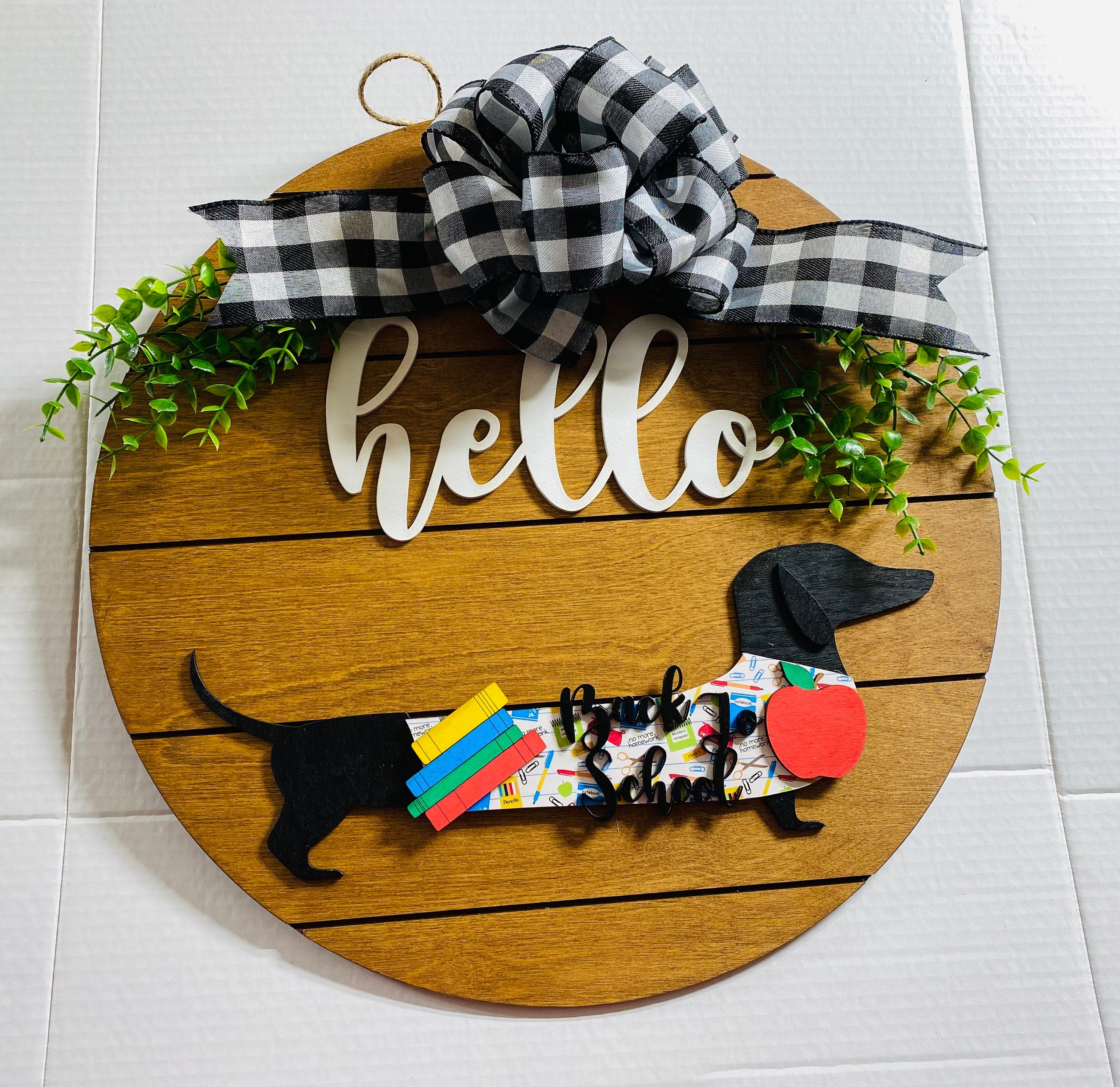 Add on Outfit for Dachshund Doxie - Corgi - Back to School - Teacher - Weiner Dog - Large Round Wooden Shiplap Door Hanger / Wreath / Sign