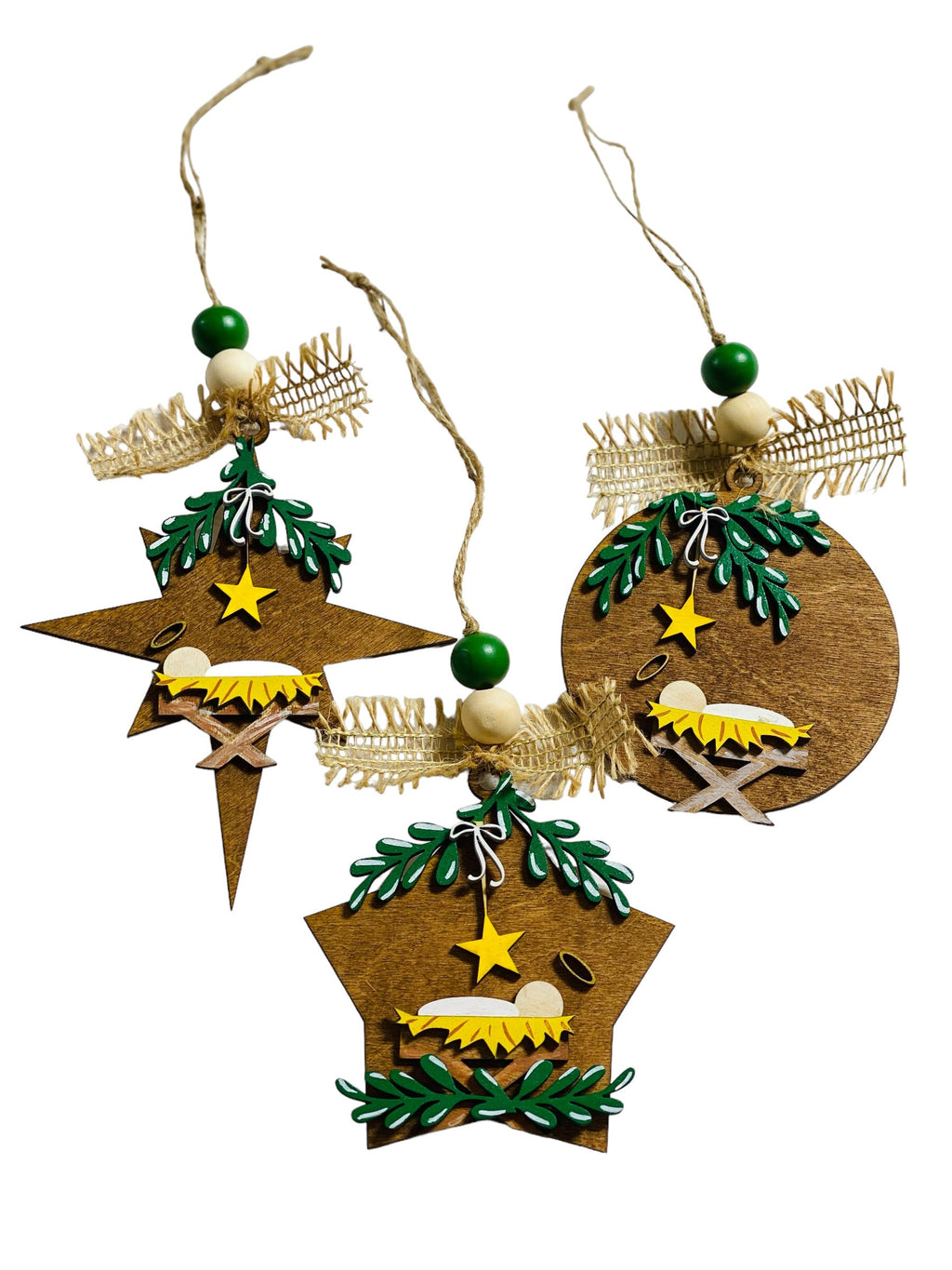 Set of 3 - Away in the Manger - Layered Wooden Christmas Ornaments