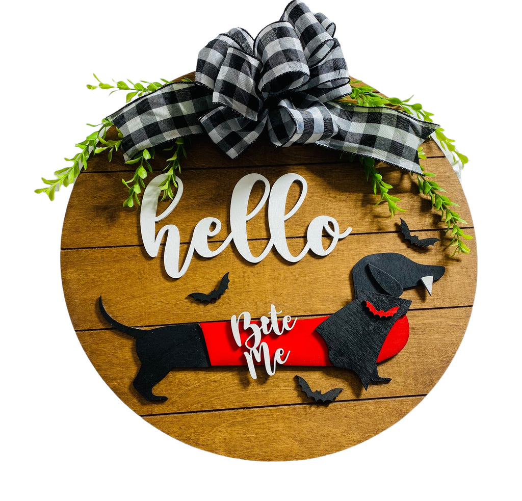 Add on Outfit for Dachshund Doxie - Halloween- Dracula  - Weiner Dog - Large Round Wooden Shiplap Door Hanger / Wreath / Sign