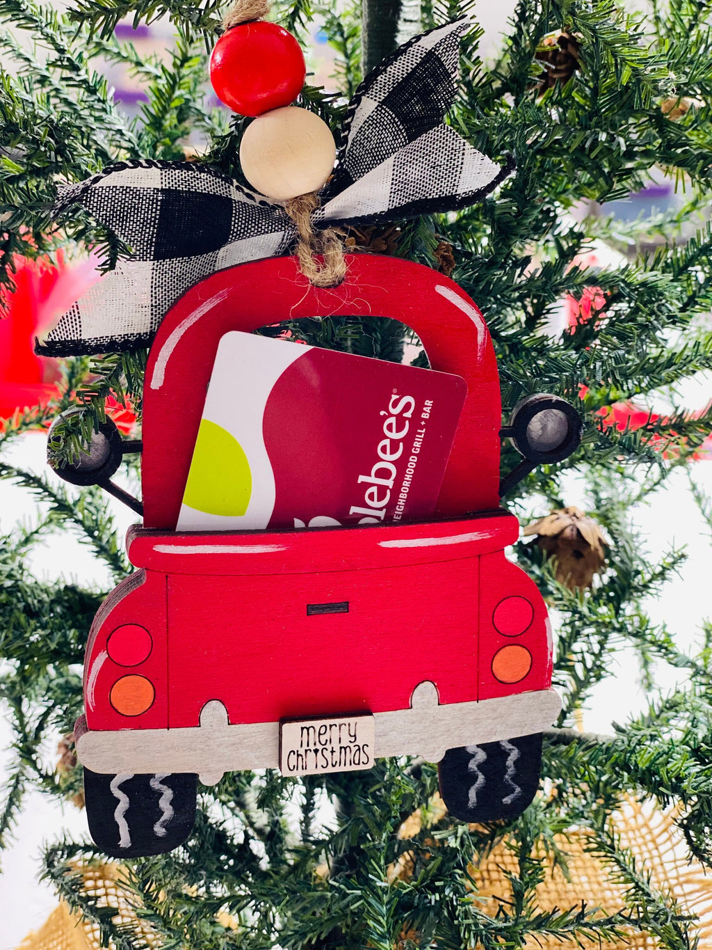 Vintage Red Truck  -  Christmas Money or Gift Card Holder - Wooden Ornament