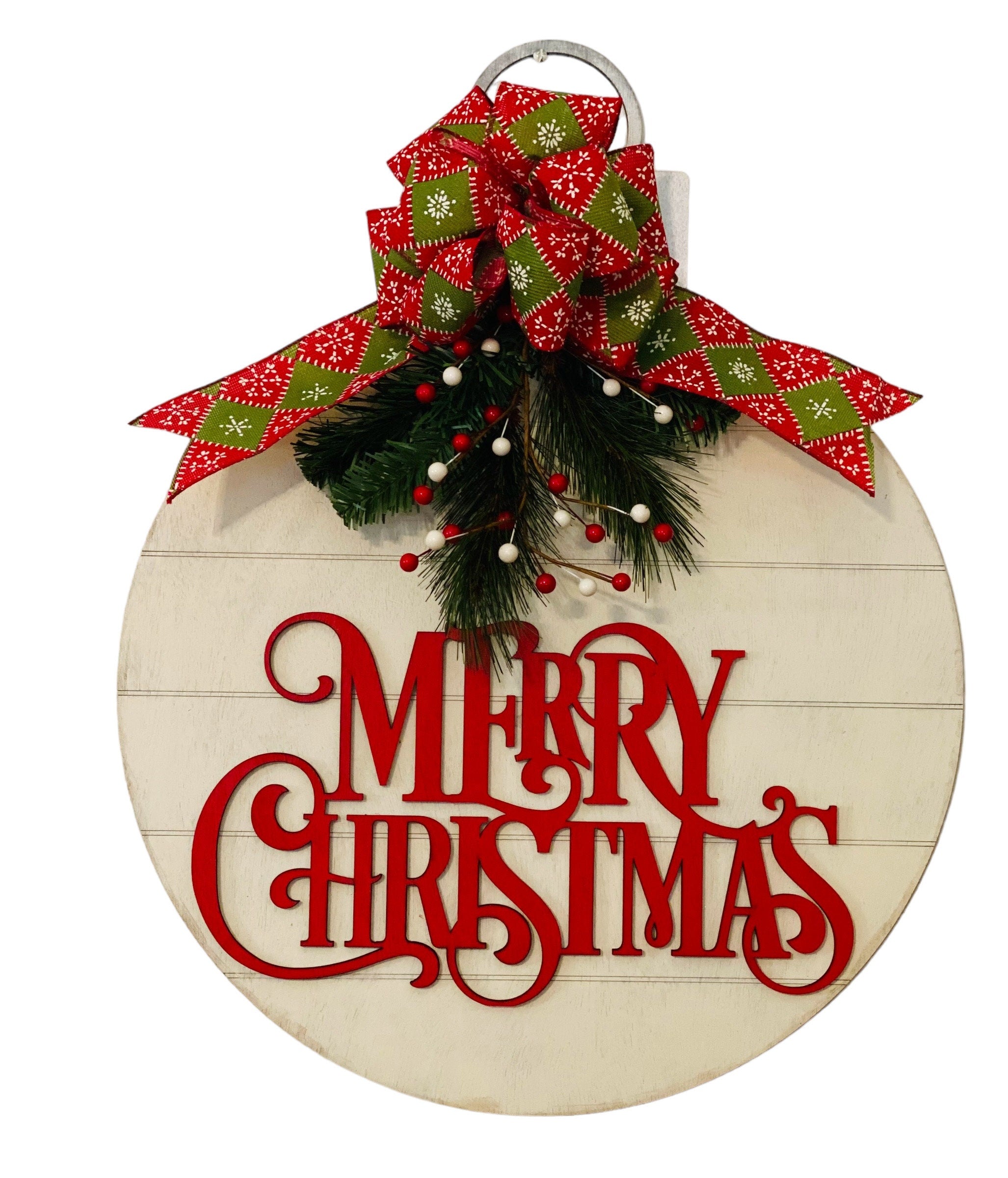 18" Round - Wooden Merry Christmas - Ornament - Winter Door Sign - Wreath