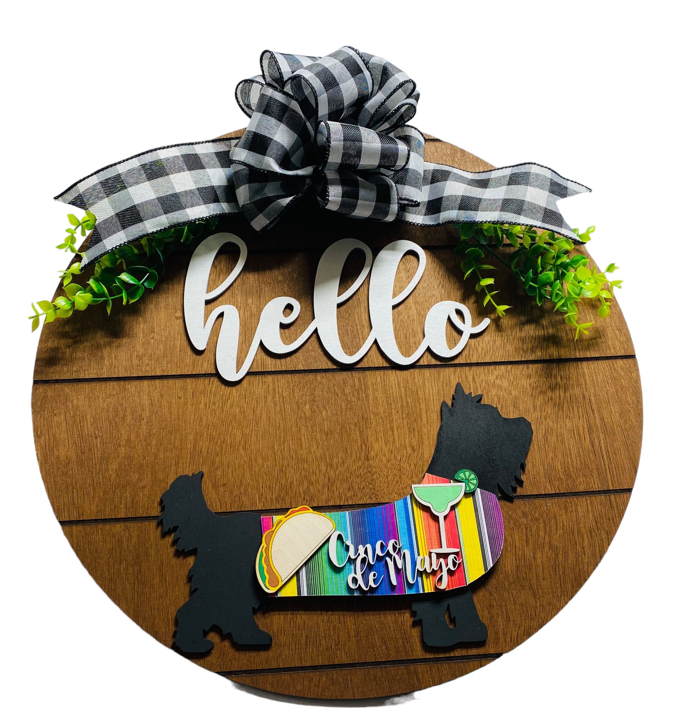 Add on Outfit for  Yorkie Frenchie Pug - Cinco De Mayo - Dog - Large Round Wooden Shiplap Door Hanger / Wreath / Sign