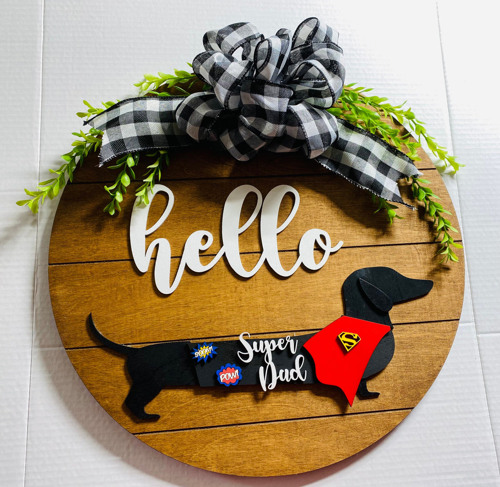 Add on Outfit for Dachshund Doxie - Corgi - Super Hero - Father’s Fathers Day  - Large Round Wooden Shiplap Door Hanger / Wreath / Sign