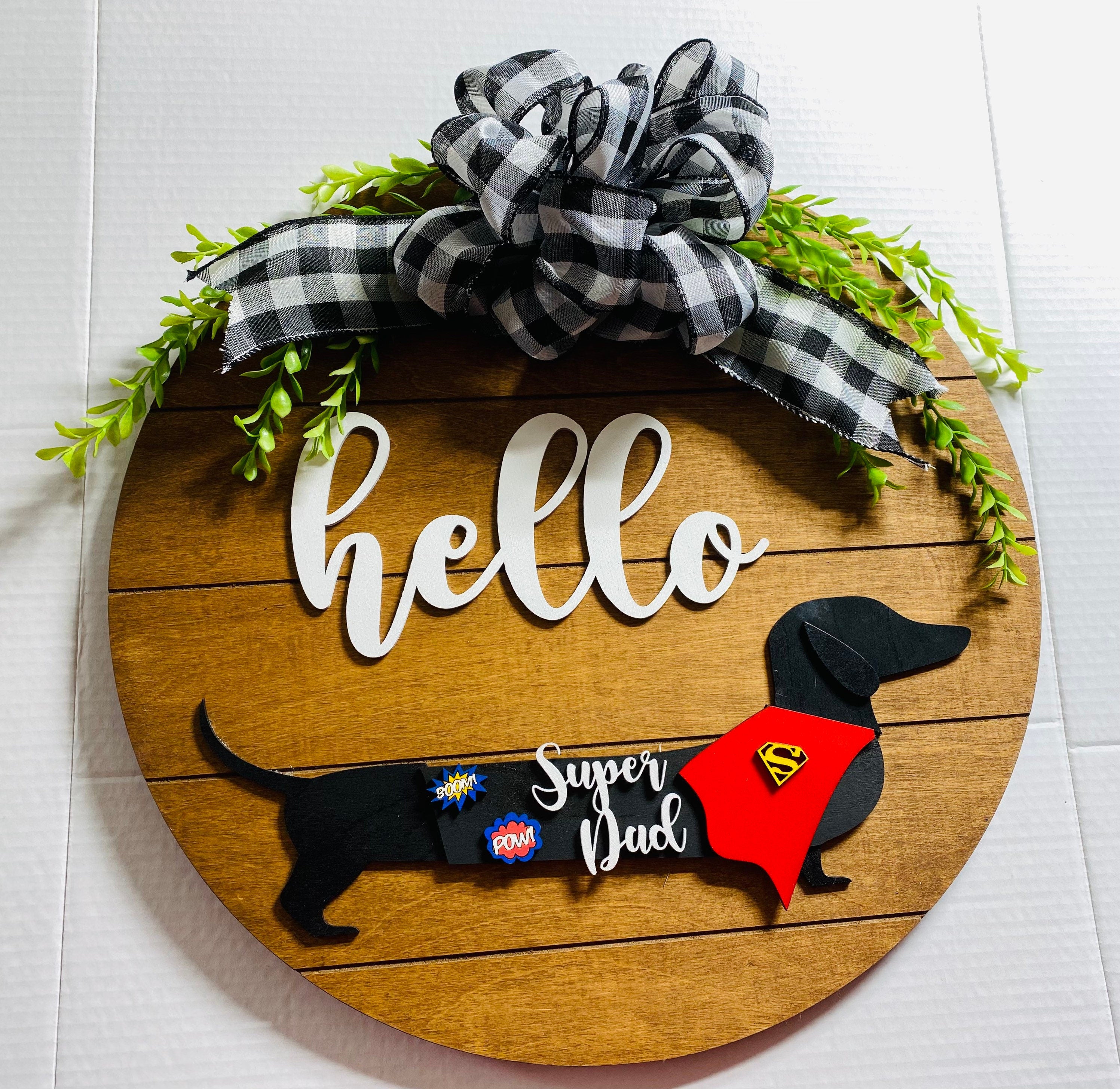 Add on Outfit for Dachshund Doxie - Corgi - Super Hero - Father’s Fathers Day  - Large Round Wooden Shiplap Door Hanger / Wreath / Sign