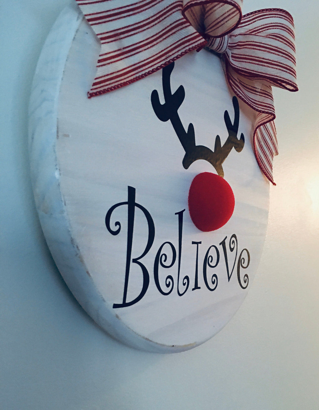 12" Round White Wooden Rudolph Believe Christmas Door Sign / Wreath