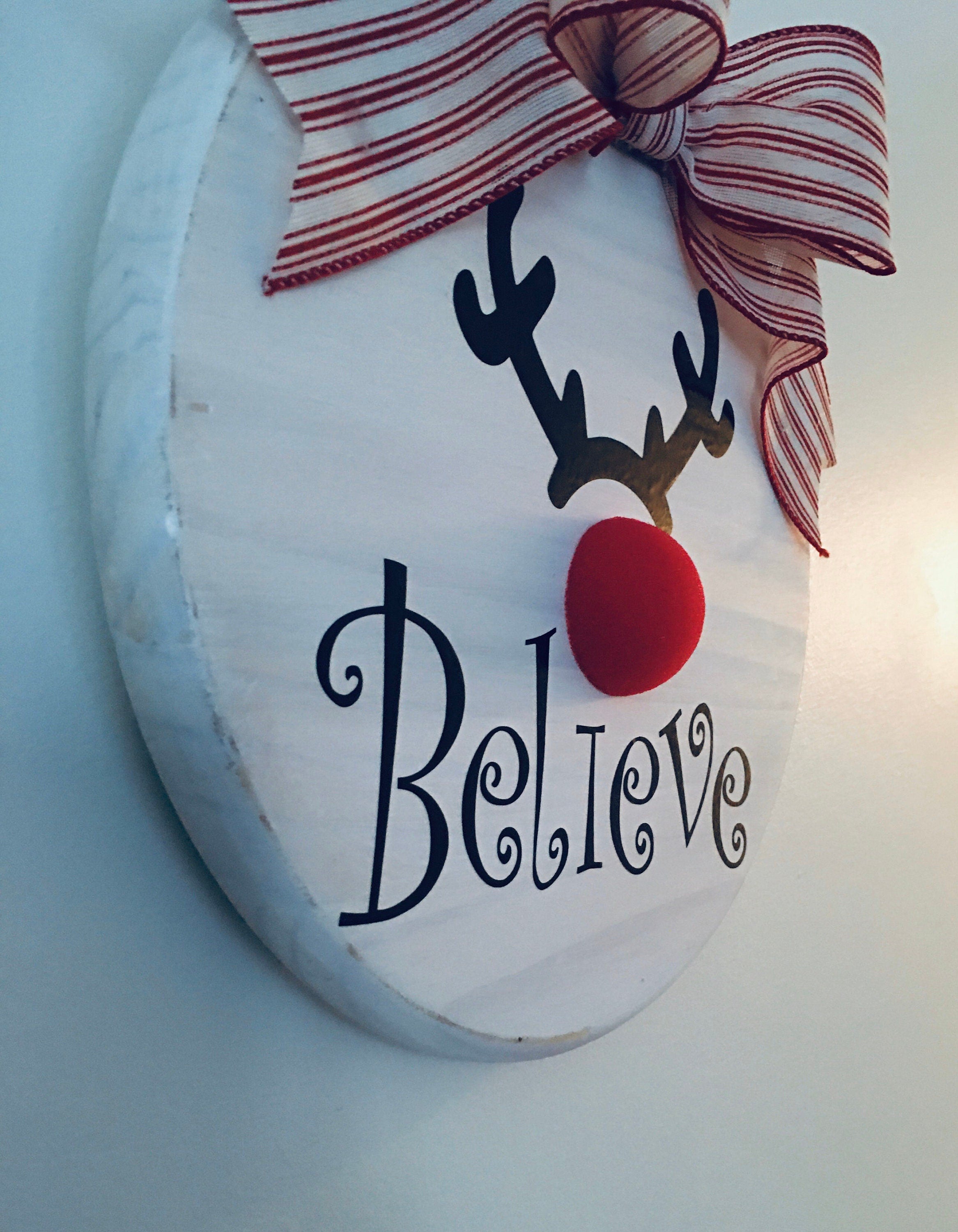 12" Round White Wooden Rudolph Believe Christmas Door Sign / Wreath