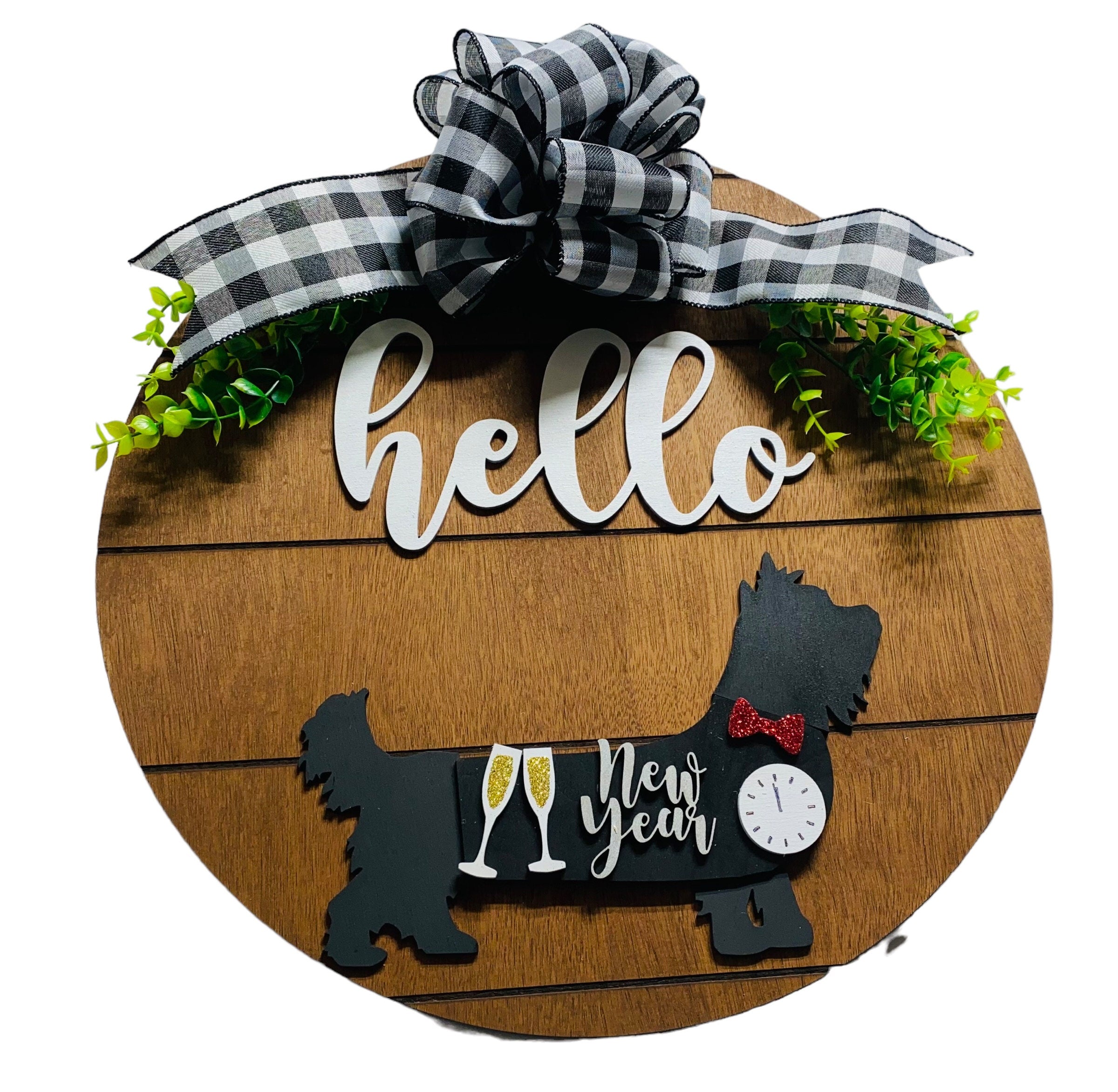 Add on Outfit for  Yorkie Frenchie Pug - New Years - Dog - Large Round Wooden Shiplap Door Hanger / Wreath / Sign
