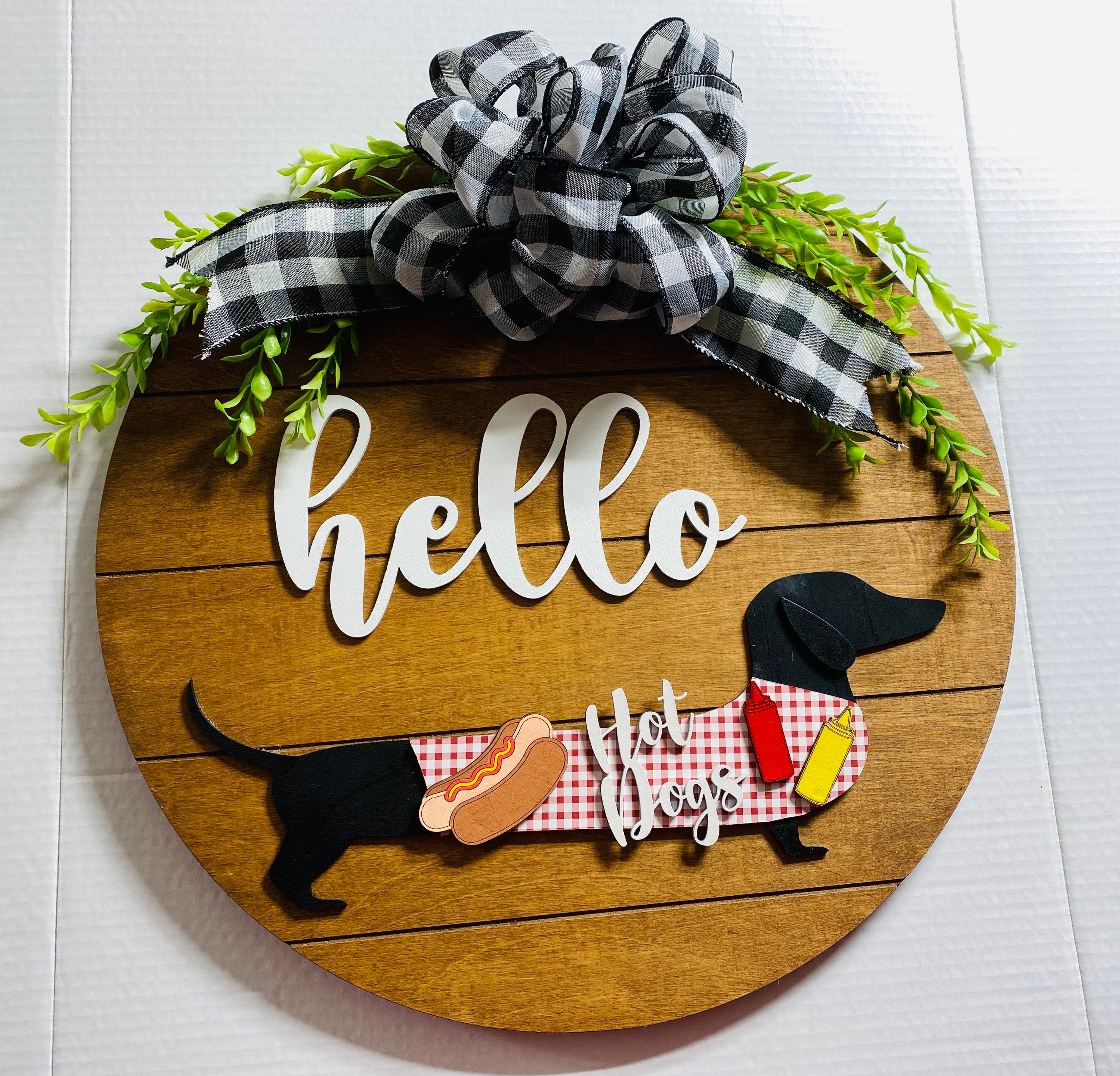 Add on Outfit for Dachshund Doxie - Hot Dog - BBQ - Weiner Dog - Large Round Wooden Shiplap Door Hanger / Wreath / Sign