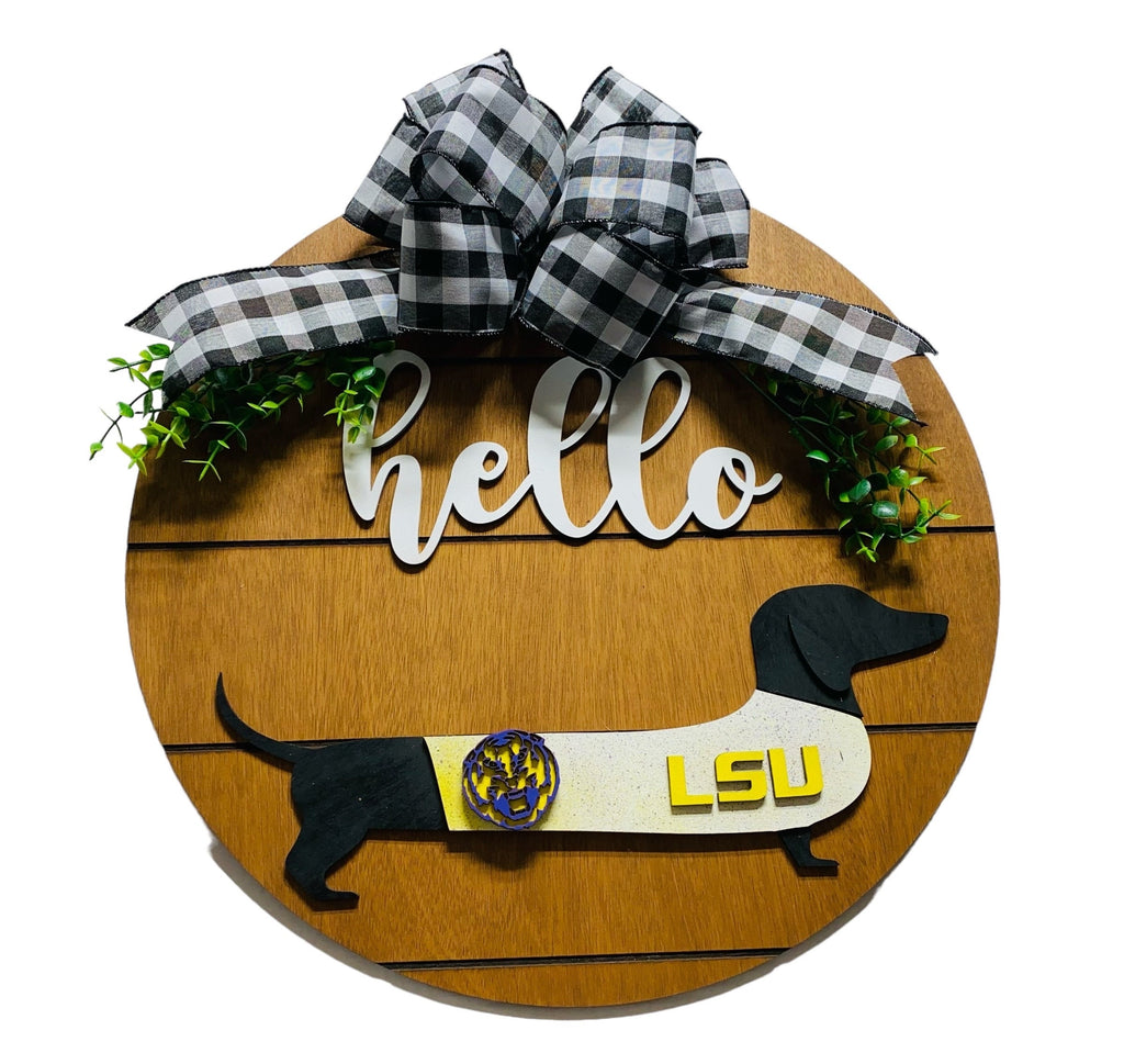 Add on Outfit for Dachshund Doxie - LSU Tigers - Football - Weiner Dog - Large Round Wooden Shiplap Door Hanger / Wreath / Sign
