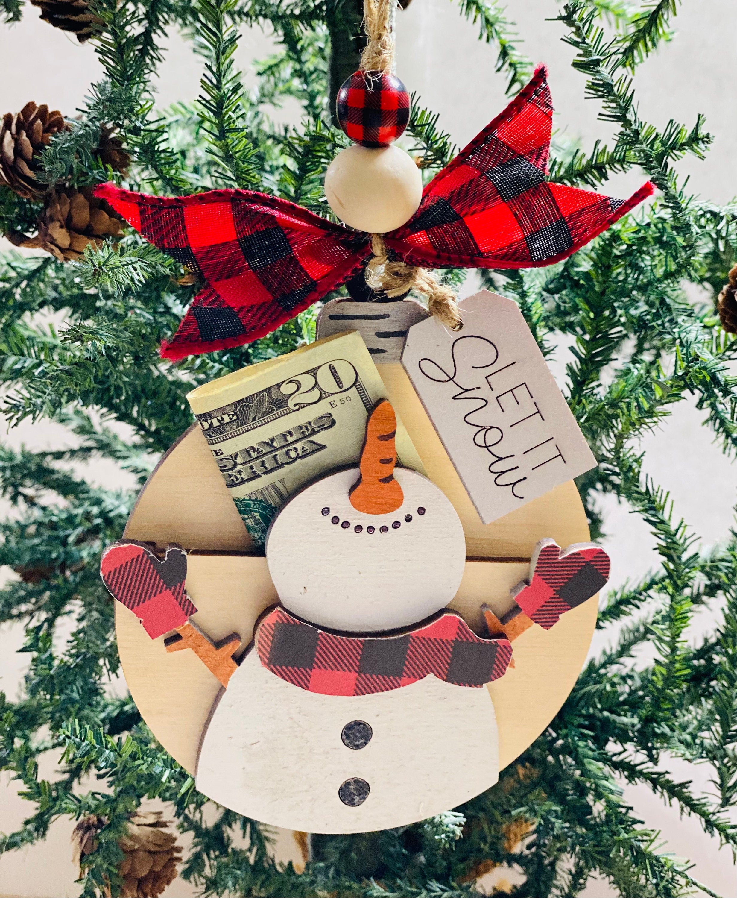 Let It Snow - Snowman -  Christmas Money or Gift Card Holder - Wooden Ornament