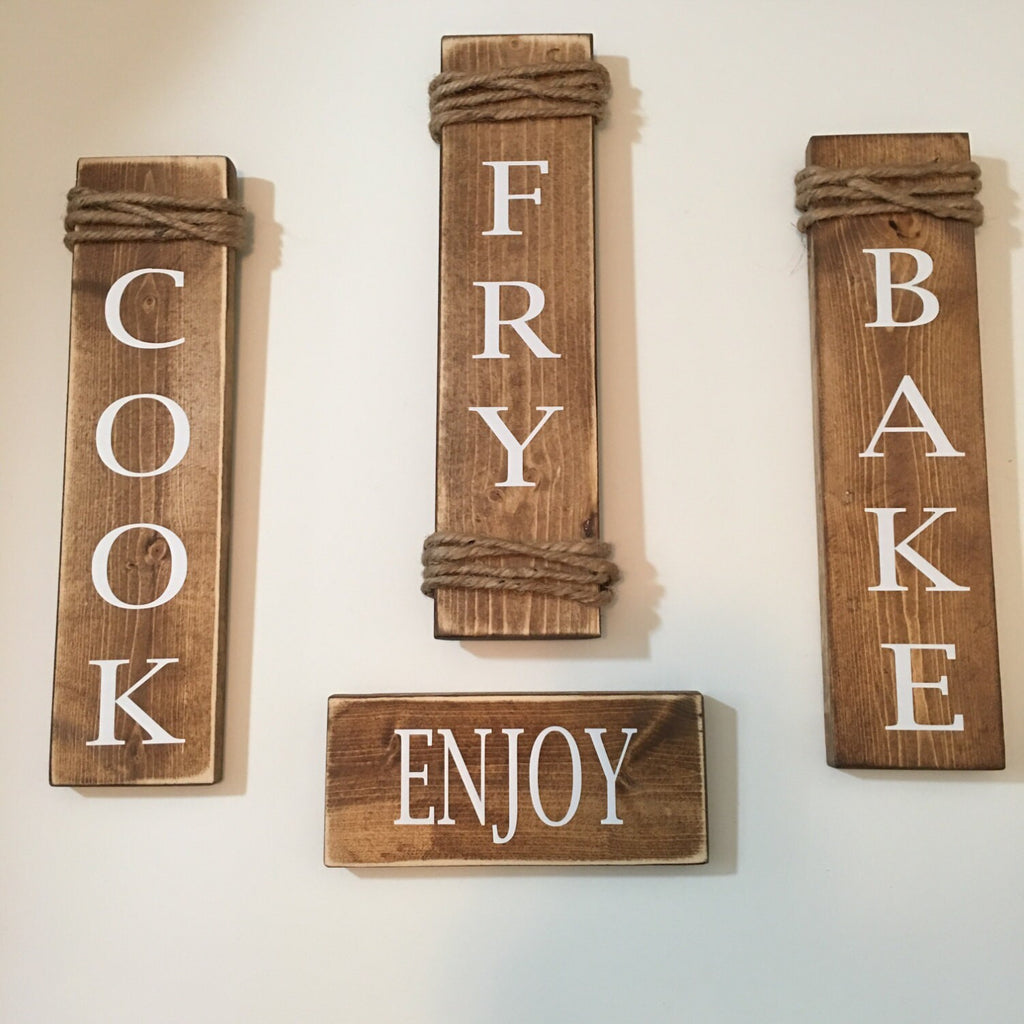 Rustic Set of 4 Wooden Kitchen Signs Cook / Fry / Bake / Enjoy