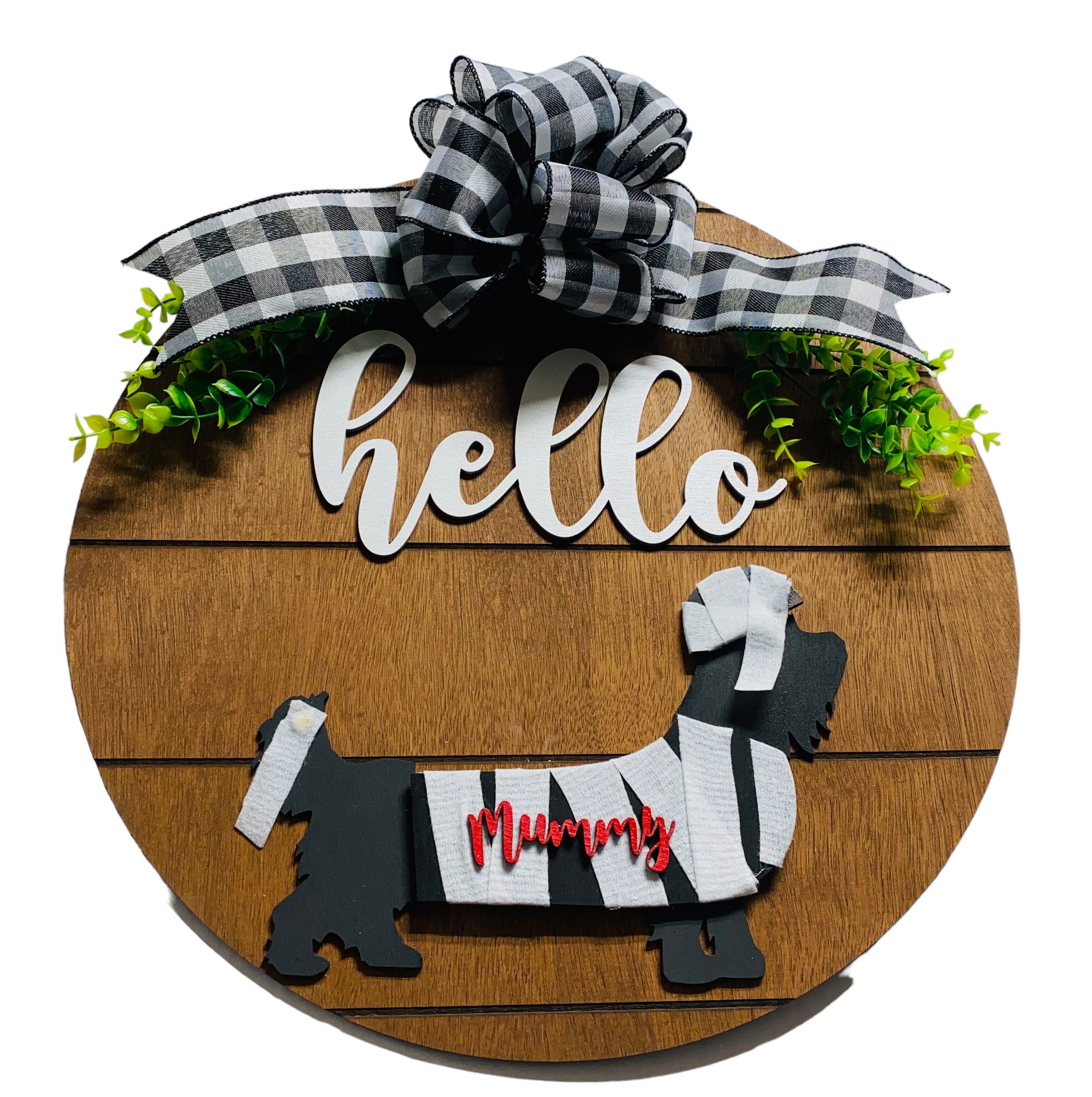 Add on Outfit For Yorkie Frenchie Pug - Halloween- Mummy - Dog - Large Round Wooden Shiplap Door Hanger / Wreath / Sign