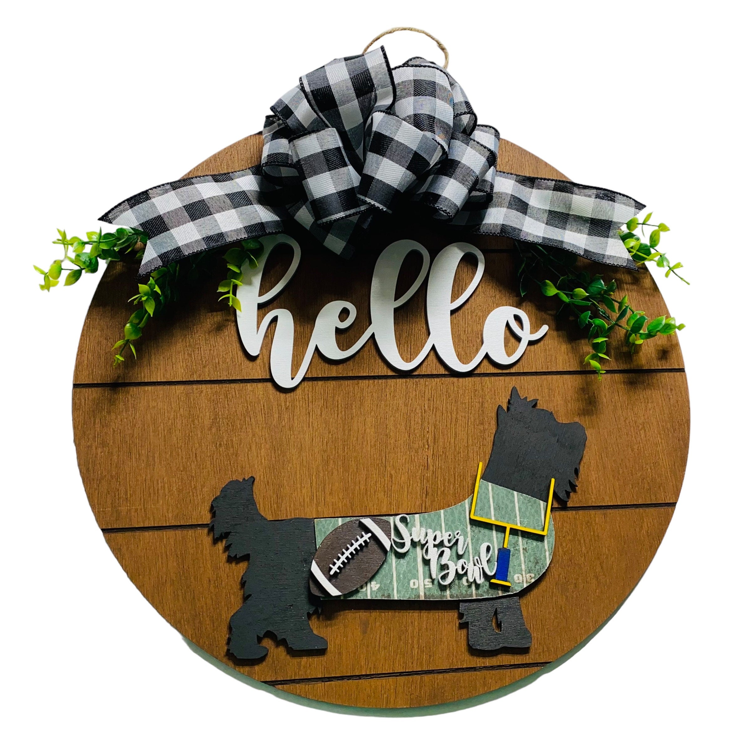 Add on Outfit for  Yorkie Frenchie Pug - Super Bowl - Dog - Large Round Wooden Shiplap Door Hanger / Wreath / Sign