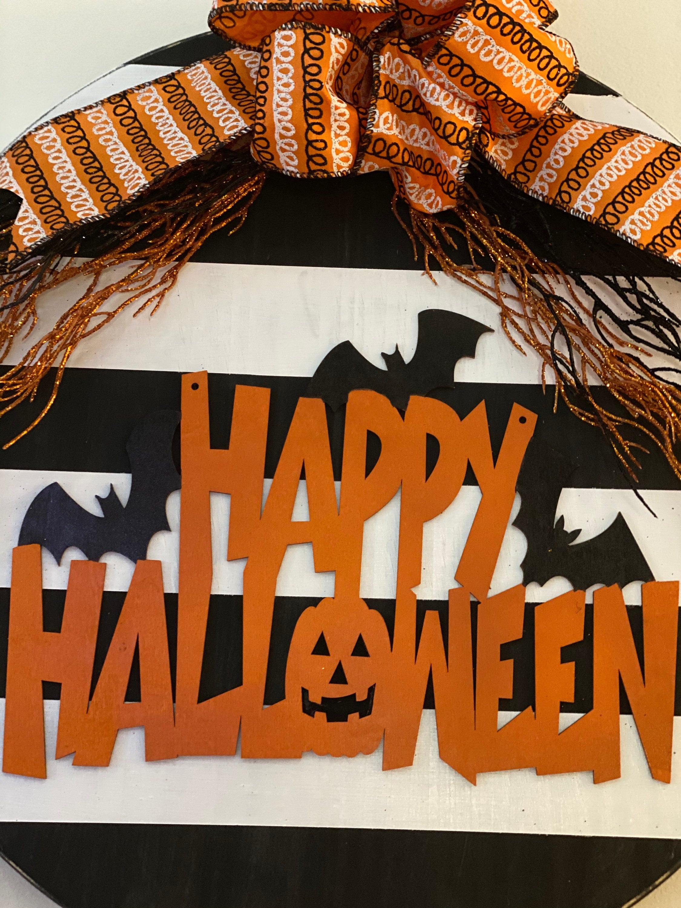 Happy Halloween - Large Striped - Wooden Door - Sign / Wreath