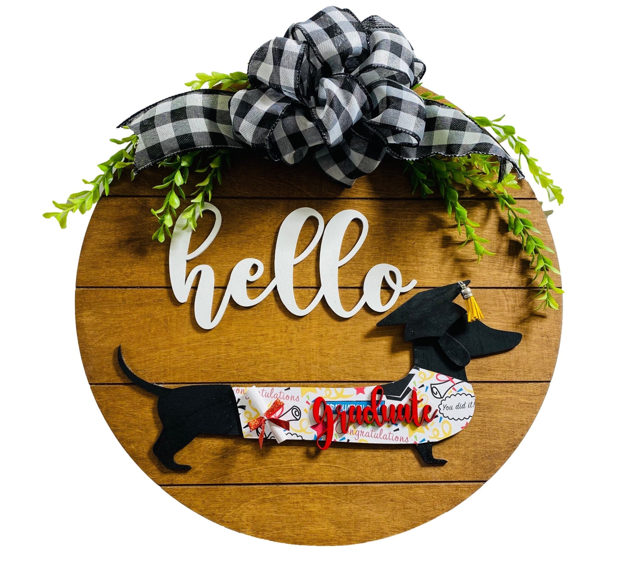 Add on Outfit for Dachshund Doxie - Corgi - Graduation - Graduate - Large Round Wooden Shiplap Door Hanger / Wreath / Sign