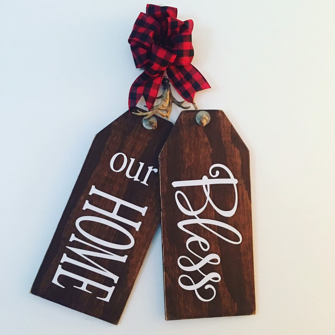 Bless Our Home - Antlers - Buffalo Plaid - Wooden - Door Tags - Sign