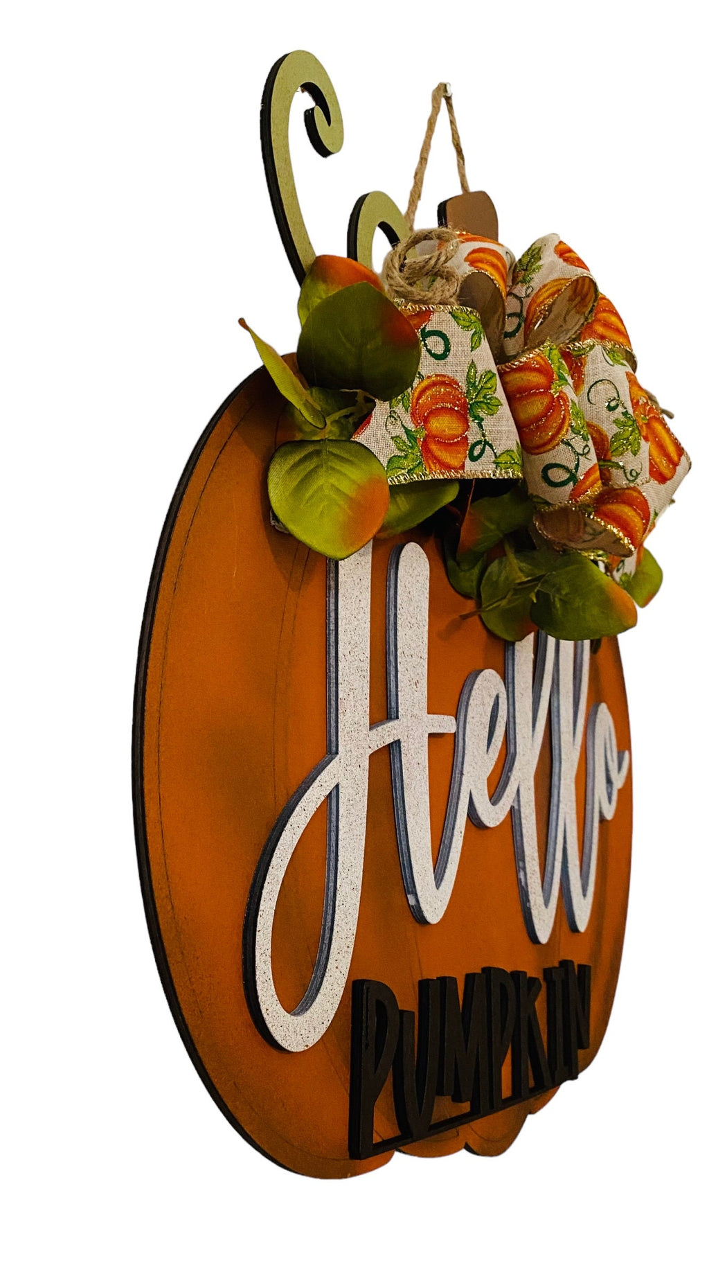 Fall  - Hello Pumpkin -  18"  Pumpkin Shaped - Wooden Autumn Door Sign / Wreath
