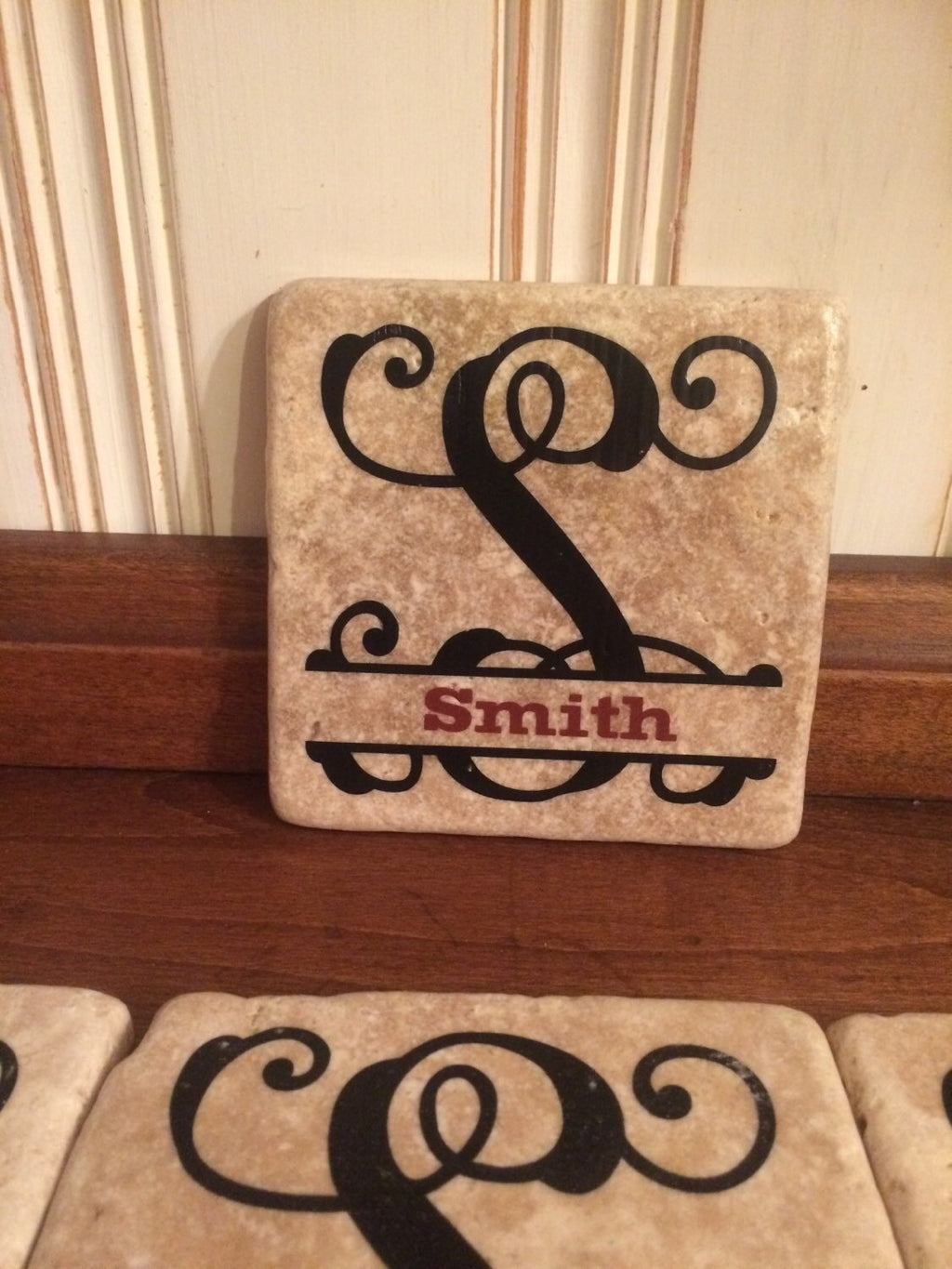 Personalized Split Monogram with Name Off White Stone 4 x 4 Tile Coasters Wedding Gift