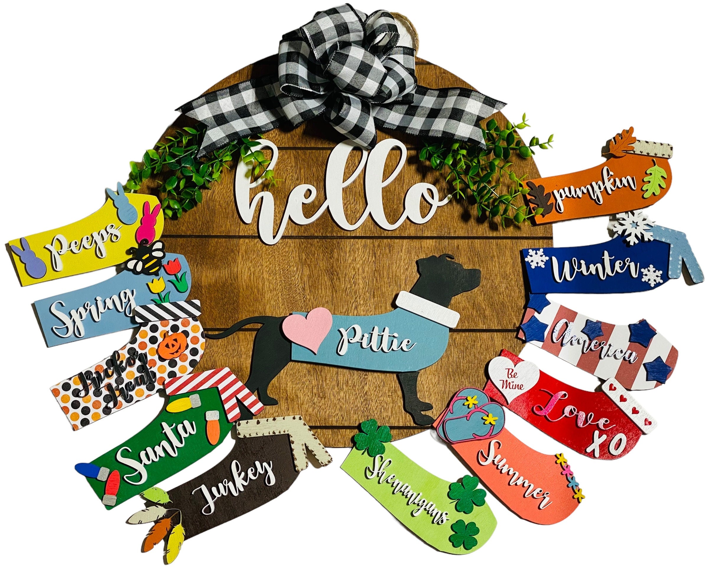 Hello Pit Bull - Pittie Dog - Interchangeable Holidays Seasons - Large Round Wooden Shiplap Door Hanger / Wreath/Sign - Gift Mom