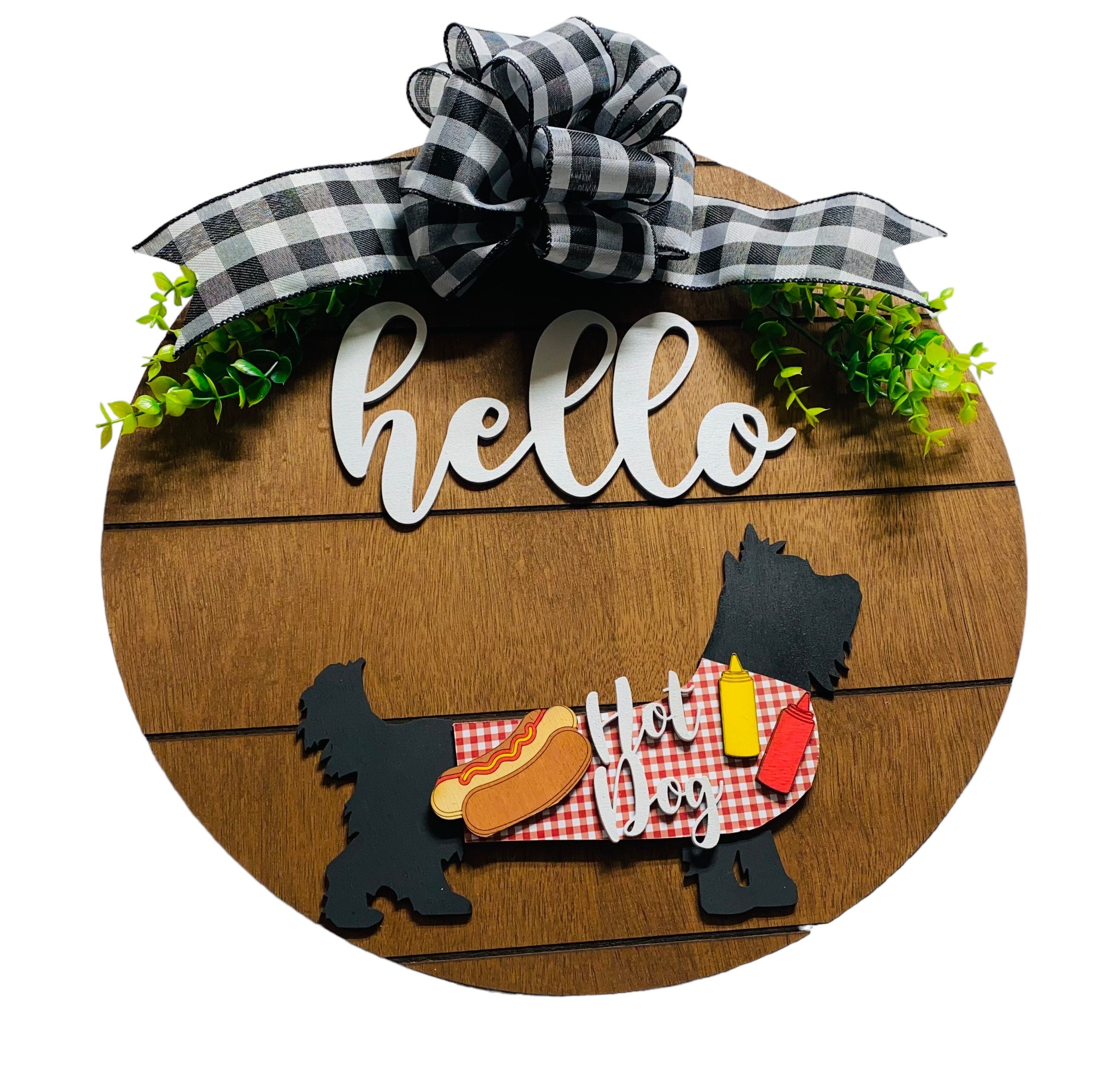 Add on Outfit for  Yorkie Frenchie Pug - Hot Dog - Dog - Large Round Wooden Shiplap Door Hanger / Wreath / Sign