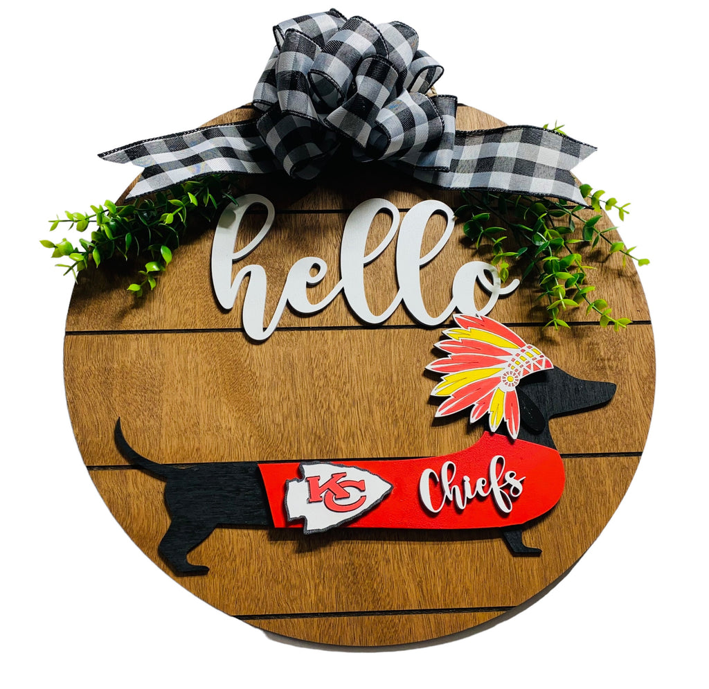 Add on Outfit for Dachshund Doxie - Corgi - Kansas City Chiefs - Football - Large Round Wooden Shiplap Door Hanger / Wreath / Sign