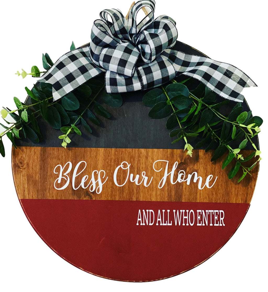 Split Brown / Black | Bless Our Home and All Who Enter | Door Sign / Wreath