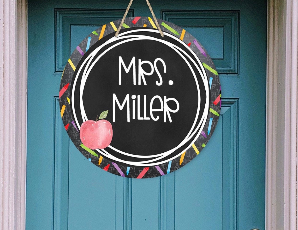 Teacher’s Room - Personalized - Apple - Crayons - Door Sign / Wreath