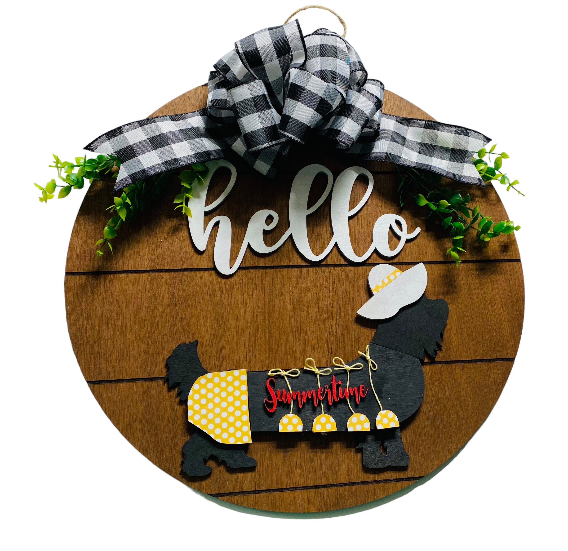 Add on Outfit for  Yorkie Frenchie Pug - Yellow Polka Dot Bikini - Dog - Large Round Wooden Shiplap Door Hanger / Wreath / Sign