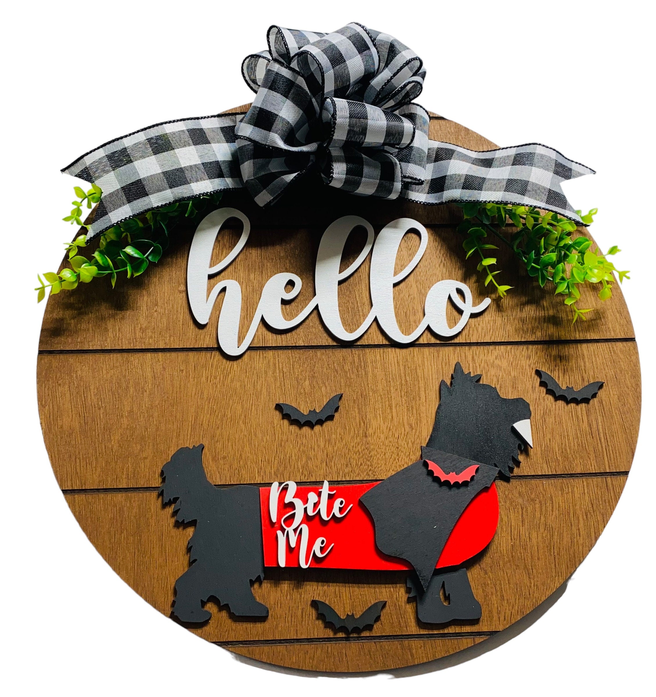 Add on Outfit for Yorkie Frenchie Pug - Halloween - Dracula - Bite Me  - Dog - Large Round Wooden Shiplap Door Hanger / Wreath / Sign