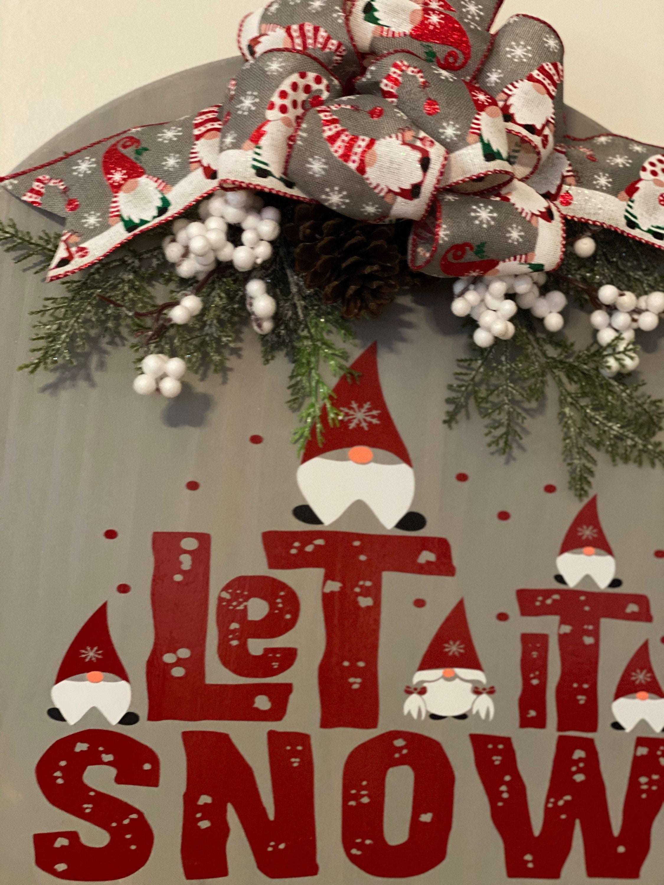 Let it Snow - Gnome Gnomies - 18" Round Wooden - Christmas Winter - Door Sign / Wreath