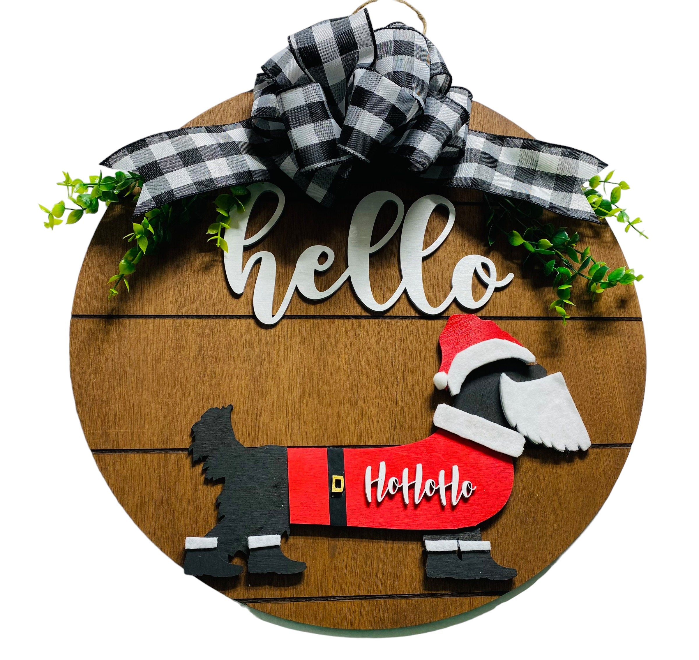 Add on Outfit for  Yorkie Frenchie Pug - Santa - Dog - Large Round Wooden Shiplap Door Hanger / Wreath / Sign