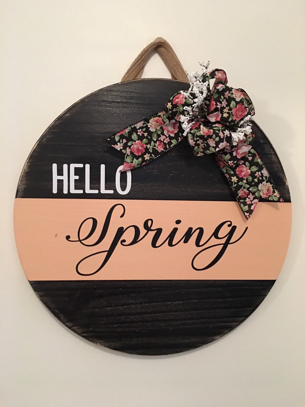 18" Round | Split Peach / Black | Hello Spring | Easter | Door Sign / Wreath