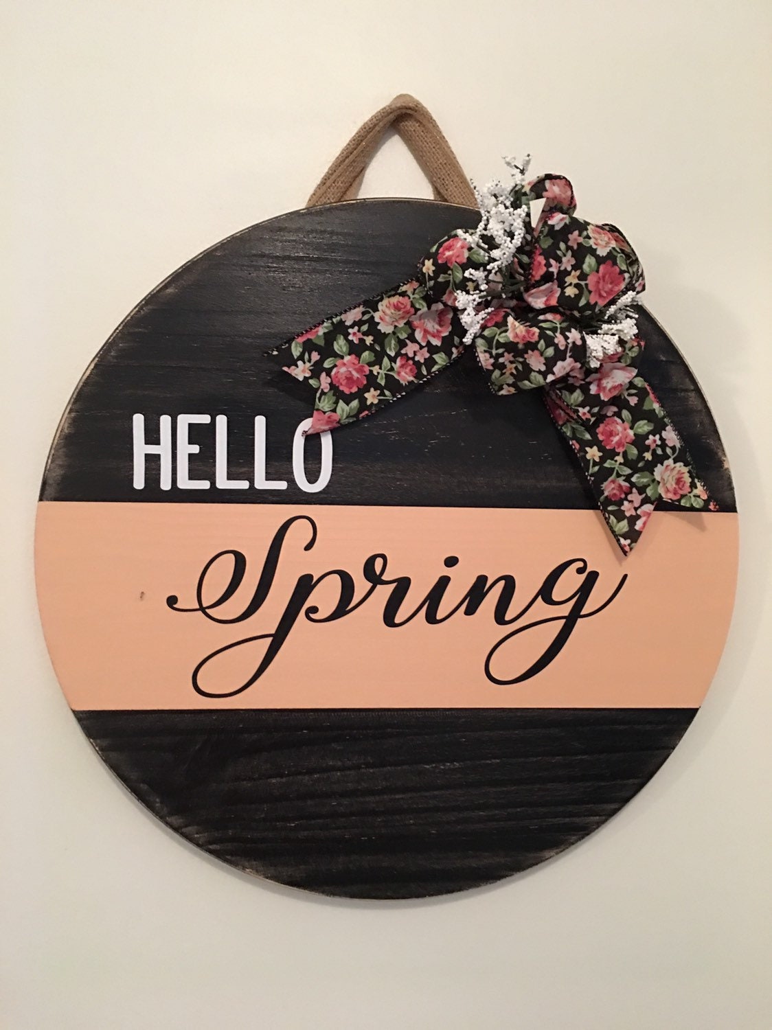 18" Round | Split Peach / Black | Hello Spring | Easter | Door Sign / Wreath