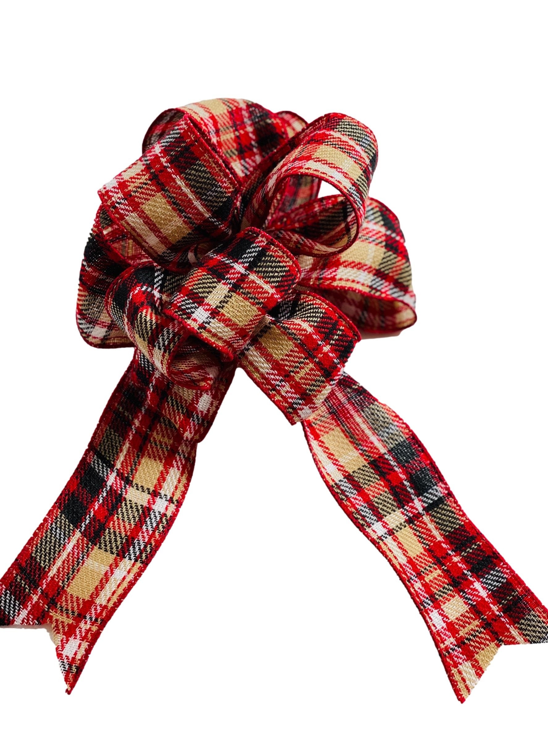 Red / Black / Beige Plaid - Christmas- Add On Bow for Wreaths or Signs - Puffy Fluffy Bow for Gift or Present