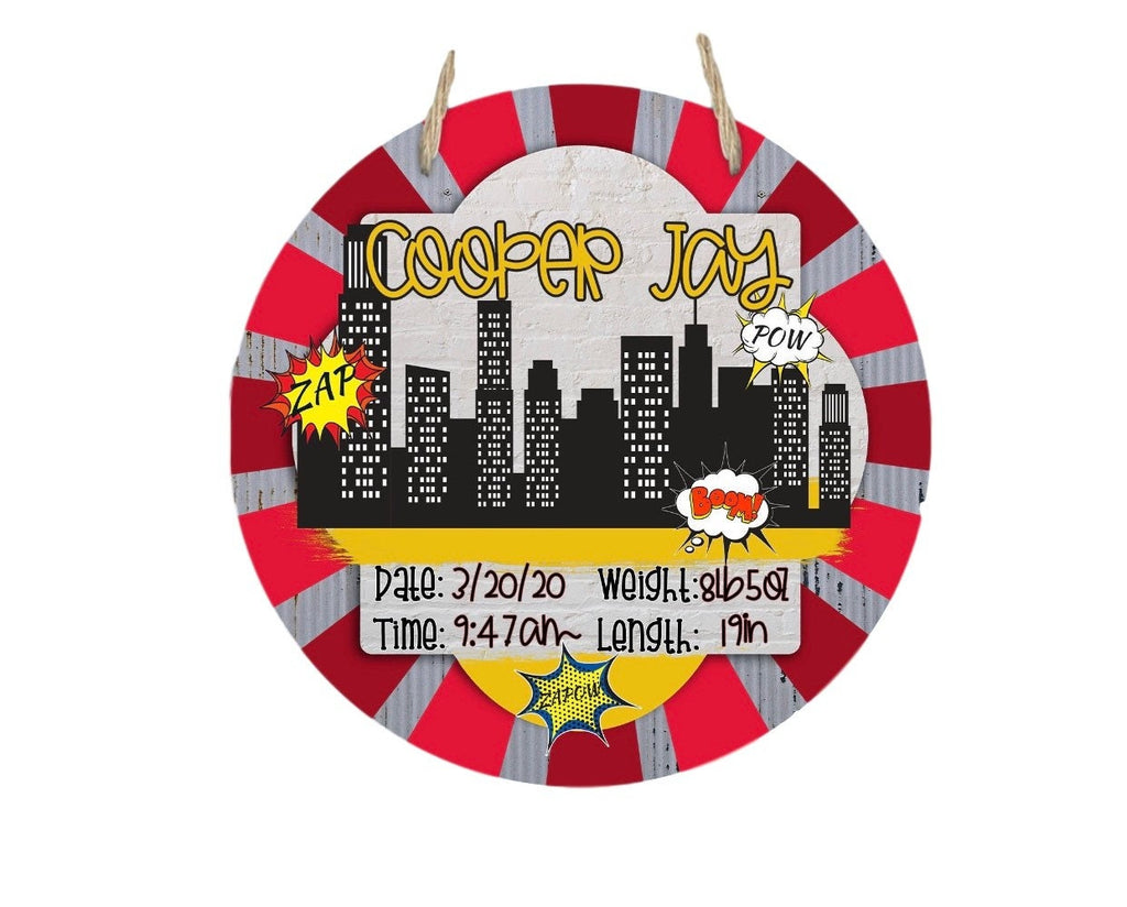Superhero Nursery - Hospital Room - Personalized - City Superheroes - Baby Shower Gift - Door Sign / Wreath
