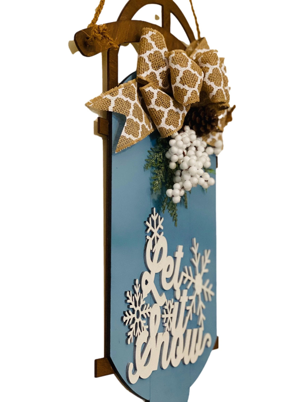 Let It Snow - Wooden - Brown Blue - Burlap Bow - Sled Door Hanger - Wreath