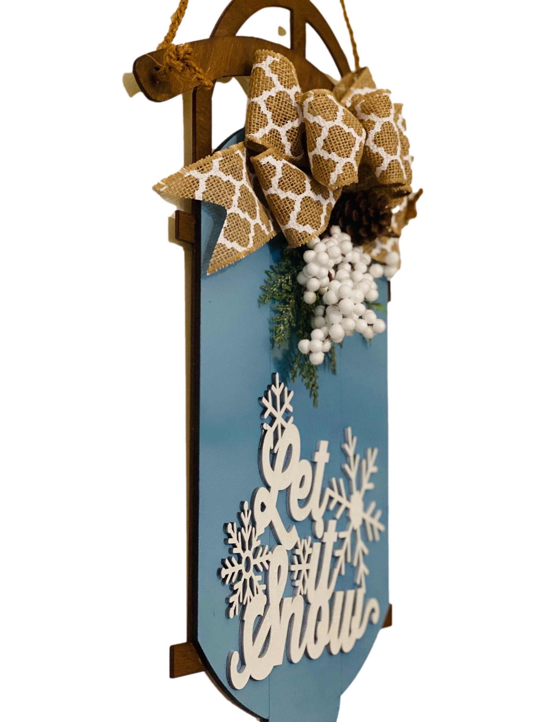 Let It Snow - Wooden - Brown Blue - Burlap Bow - Sled Door Hanger - Wreath