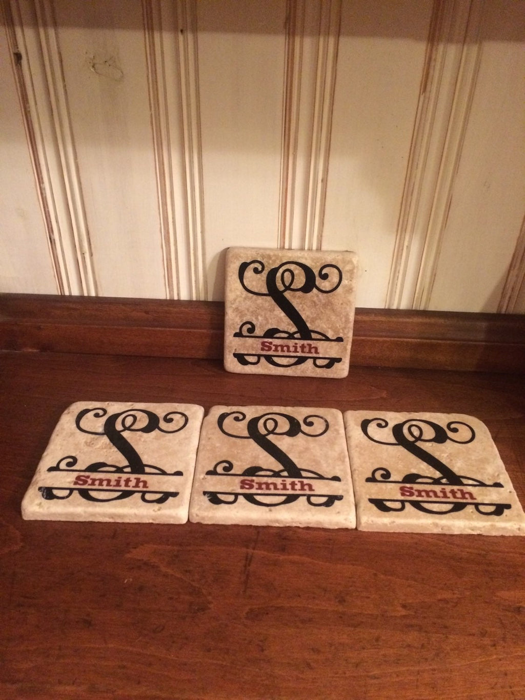 Personalized Split Monogram with Name Off White Stone 4 x 4 Tile Coasters Wedding Gift