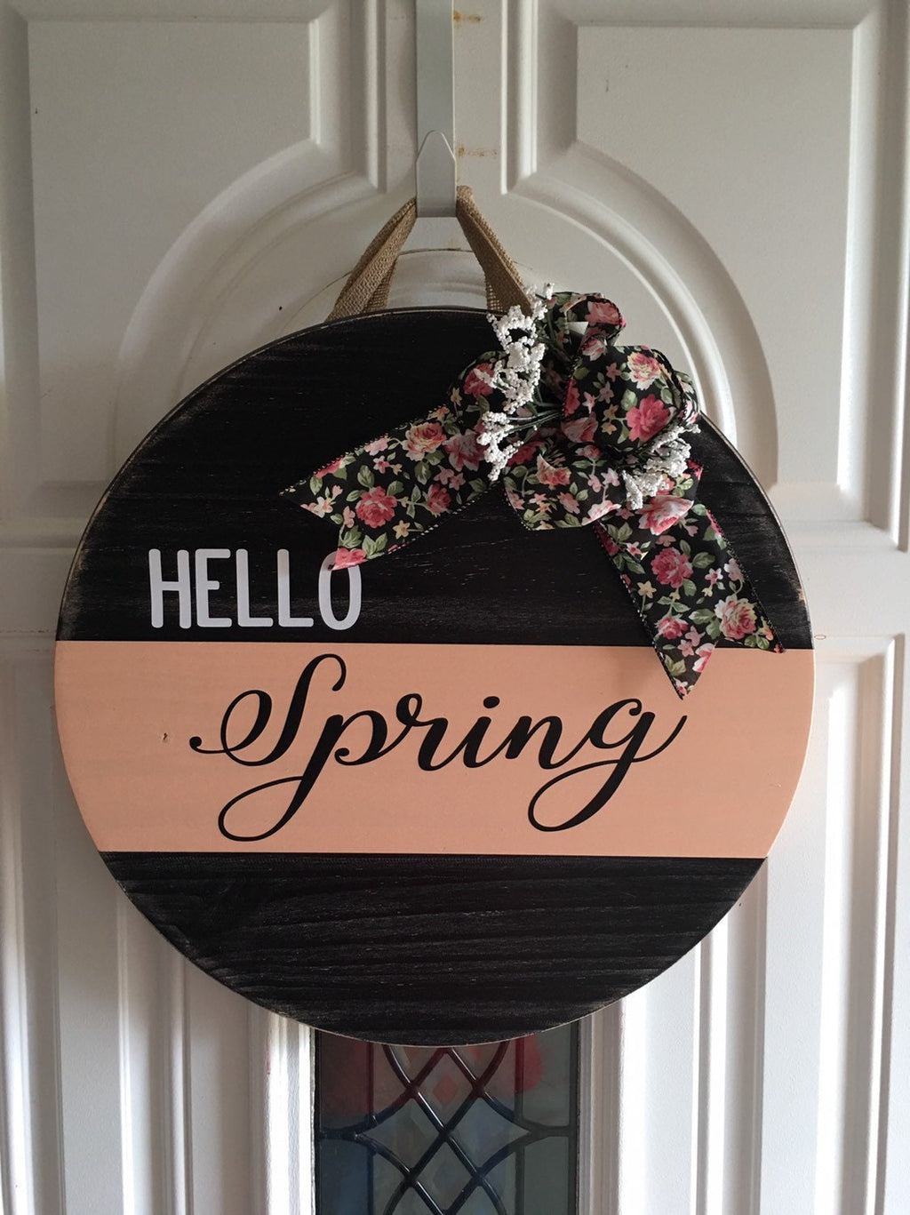 18" Round | Split Peach / Black | Hello Spring | Easter | Door Sign / Wreath