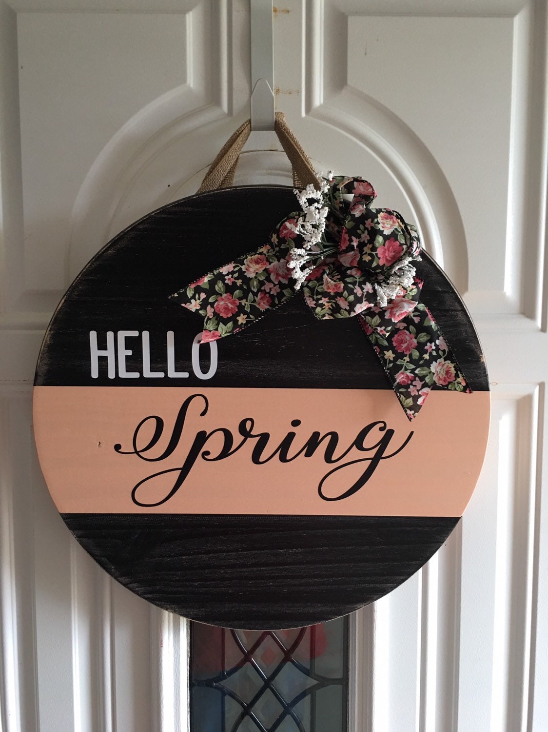 18" Round | Split Peach / Black | Hello Spring | Easter | Door Sign / Wreath