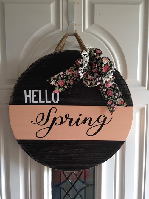 18" Round | Split Peach / Black | Hello Spring | Easter | Door Sign / Wreath