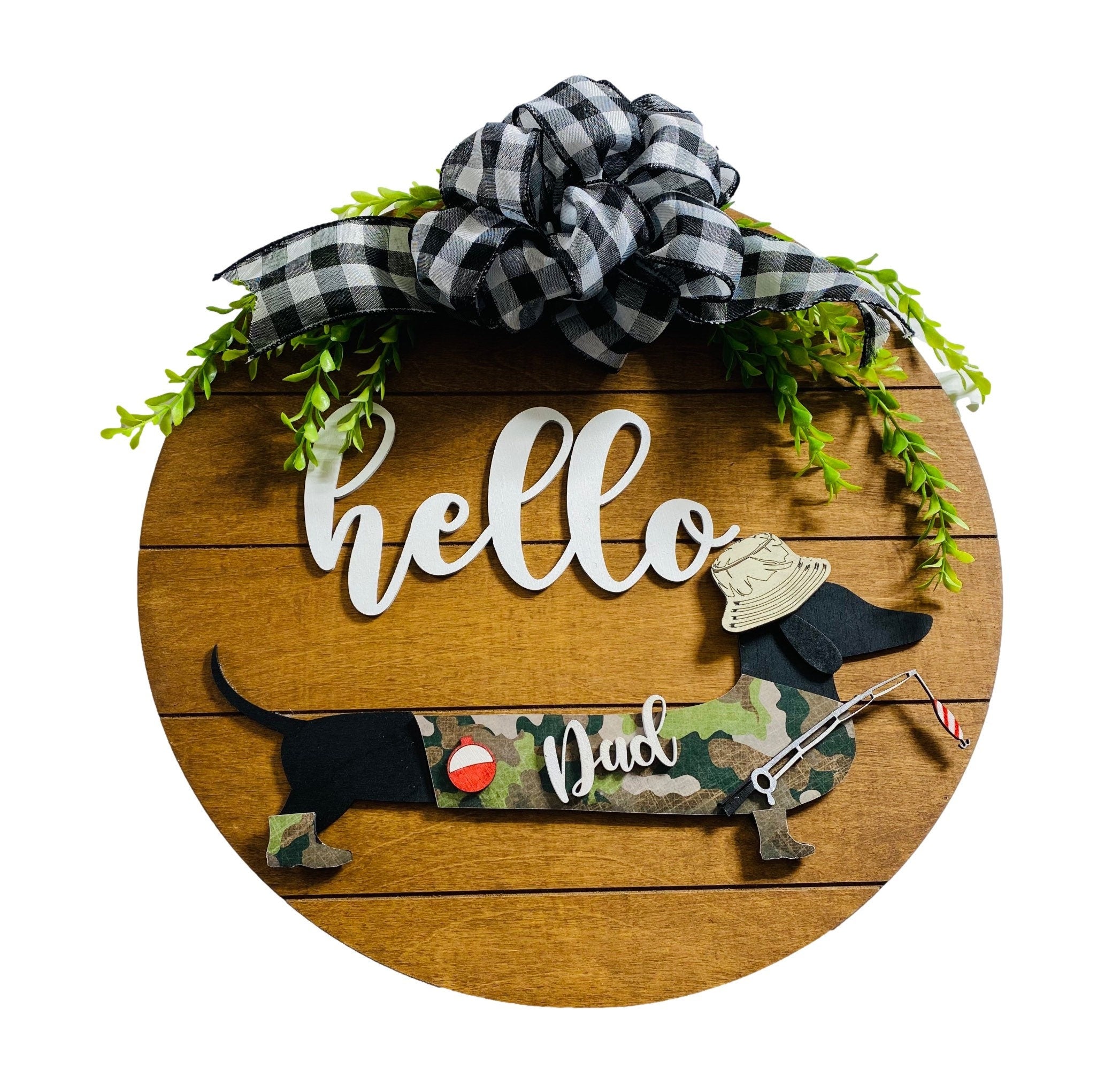Add on Outfit for Dachshund Doxie - Fathers Day - Father’s Day - Weiner Dog - Large Round Wooden Shiplap Door Hanger / Wreath / Sign