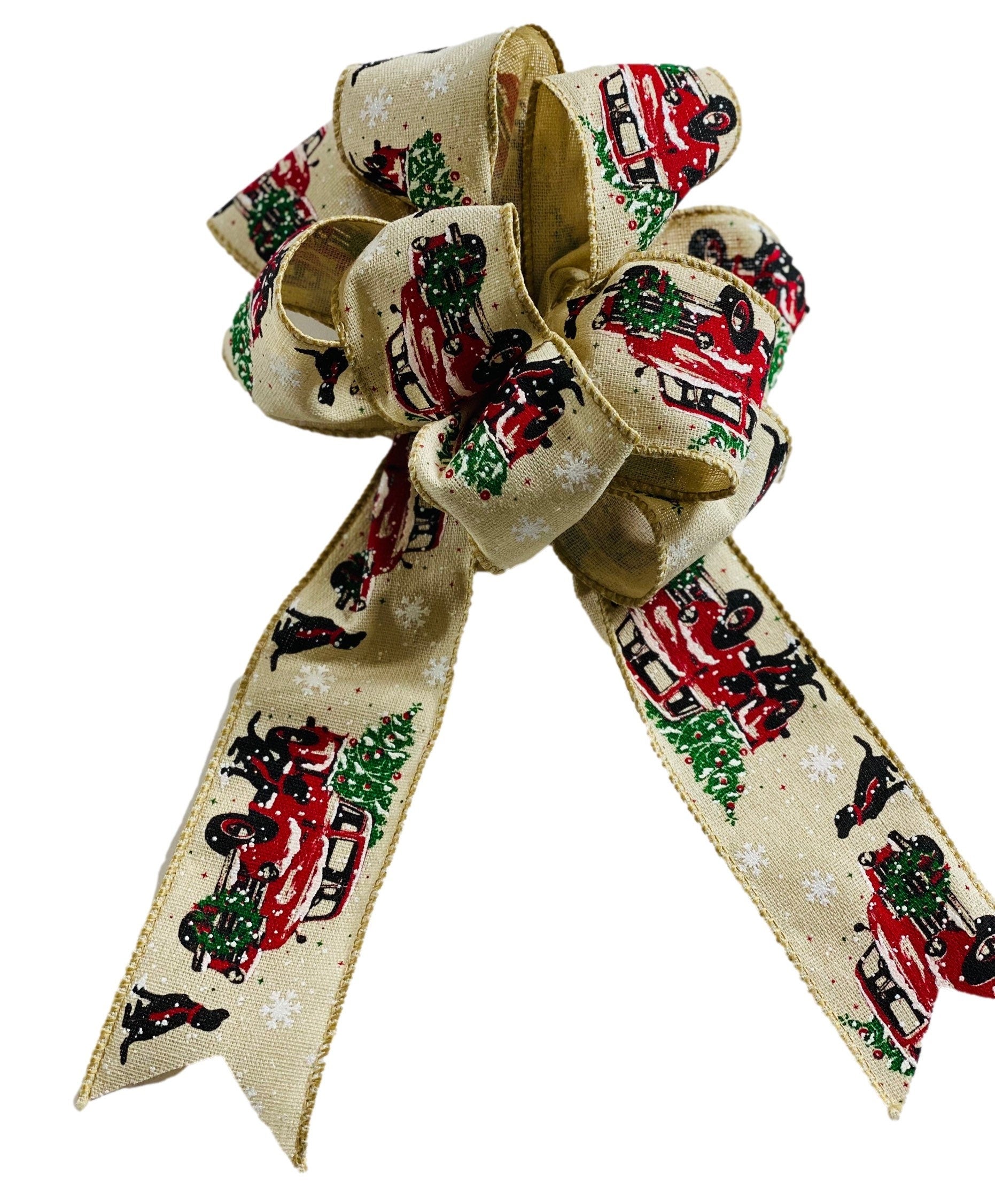 Red Truck Dog - Christmas Winter - Add On Bow for Wreaths or Signs - Puffy Fluffy Bow for Gift or Present