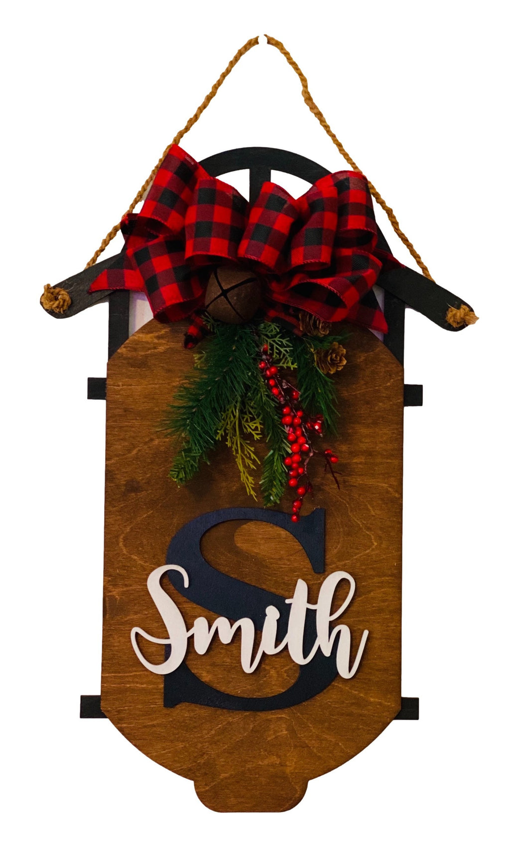 Personalized - Wooden Monogram - Brown Black - Red Black Buffalo Plaid - Sled Door Hanger - Wreath