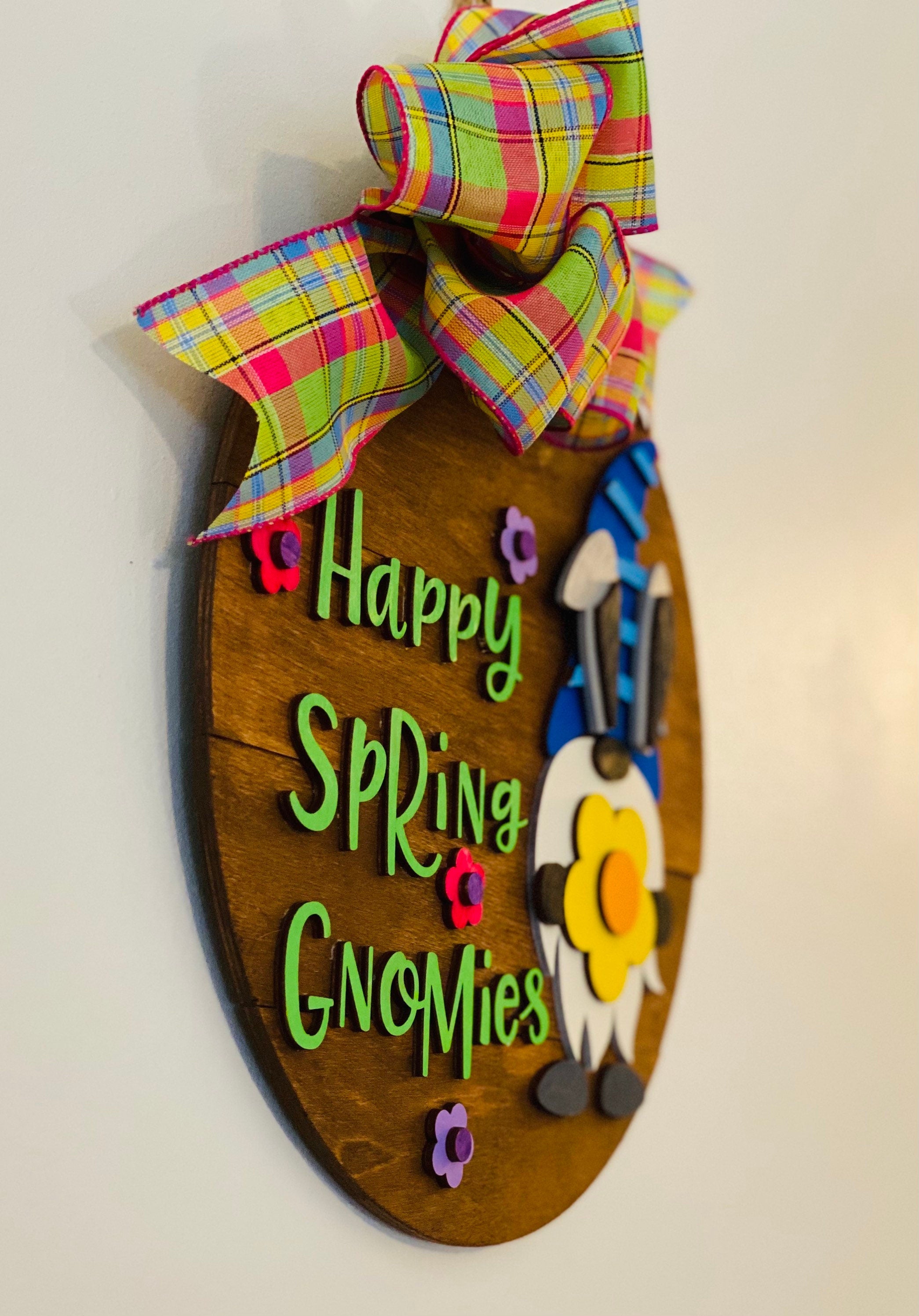 Happy Spring Gnomies - Gnomes - Wooden 12” Round - Easter / Spring - Door Sign / Wreath