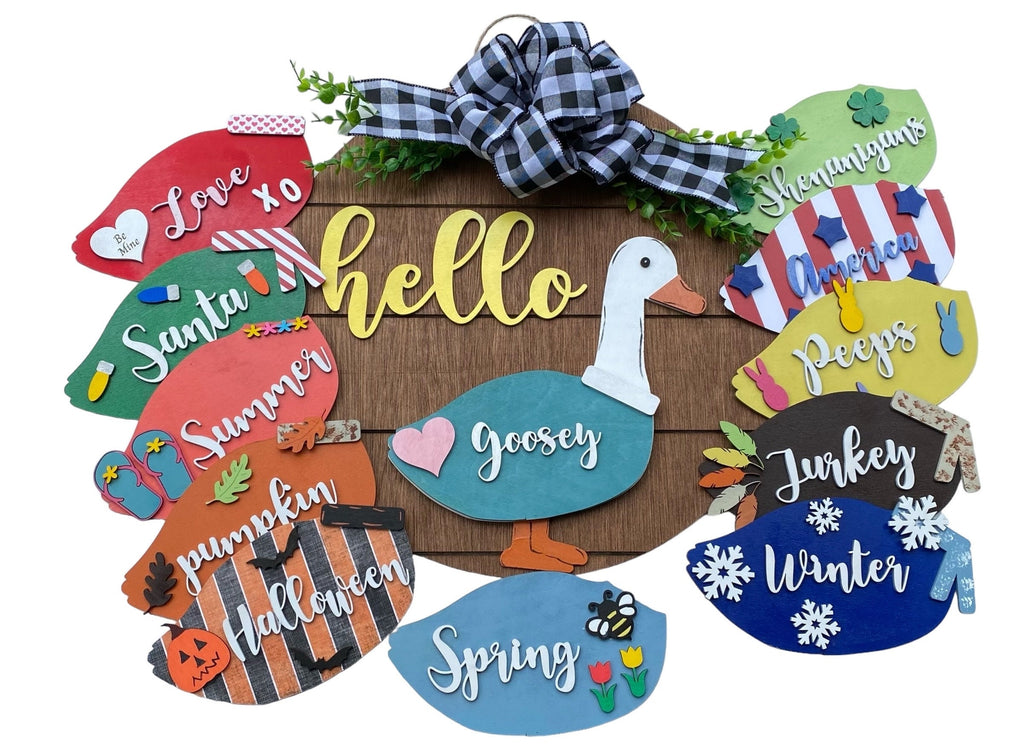 Hello Goose - Goosey - Interchangeable Holidays Seasons - Large Round Wooden Shiplap Door Hanger / Wreath/Sign - Porch Goose - Gift Mom